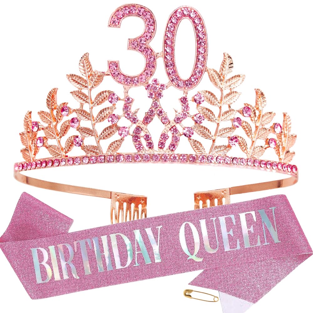 HPMAISON Women 30th Birthday Crown with Combs & A Pink Sash Rhinestone Headband Princess Tiara Cake Topper Party Costume Accessories Tiara and Belt for 30th Birthday Party Present