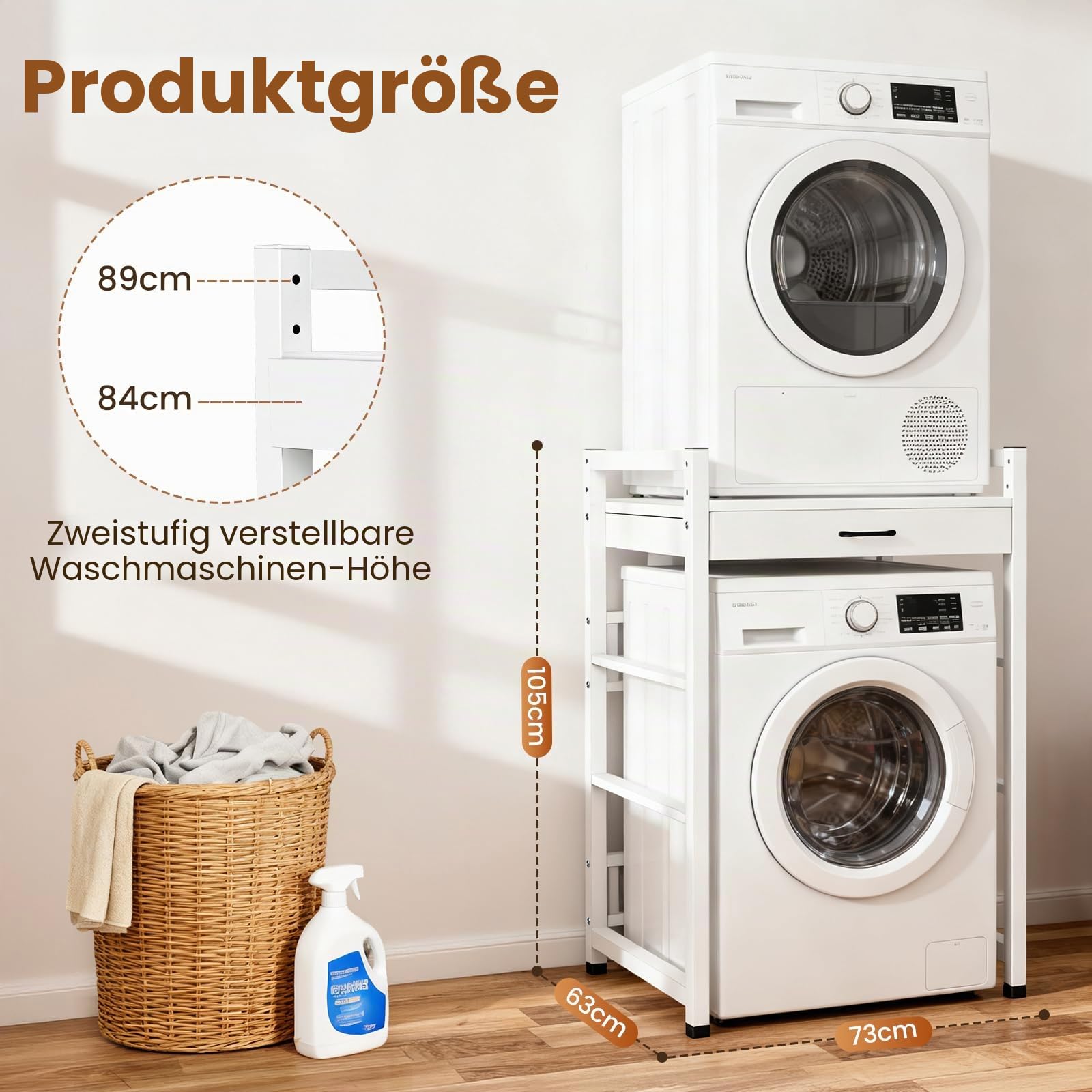 Waschmaschinenregal mit Auszug Wäscheständer 73x63x105cm 250 kg Tragfähigkeit Höhenverstellbarer Regal für Waschmaschine Regal über Waschmaschine Waschmaschinenschrank Badezimmer Balkon