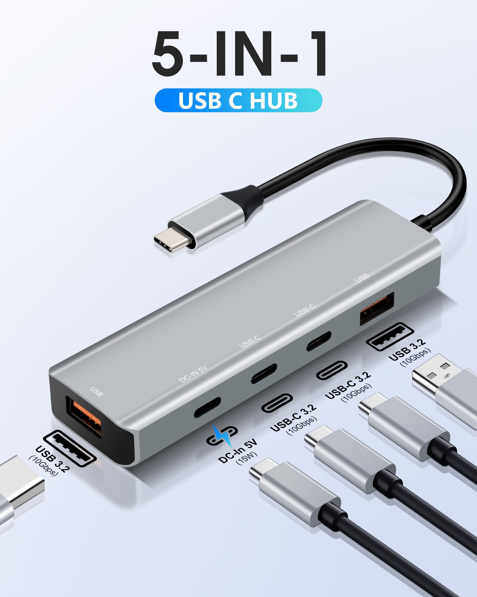 ARCELI USB-C Hub 3.2 – 5-in-1 Docking Station Mit 2x USB-C & 2x USB-A, Ideal Für Galaxy S24, IPad Pro, Laptops & Mehr