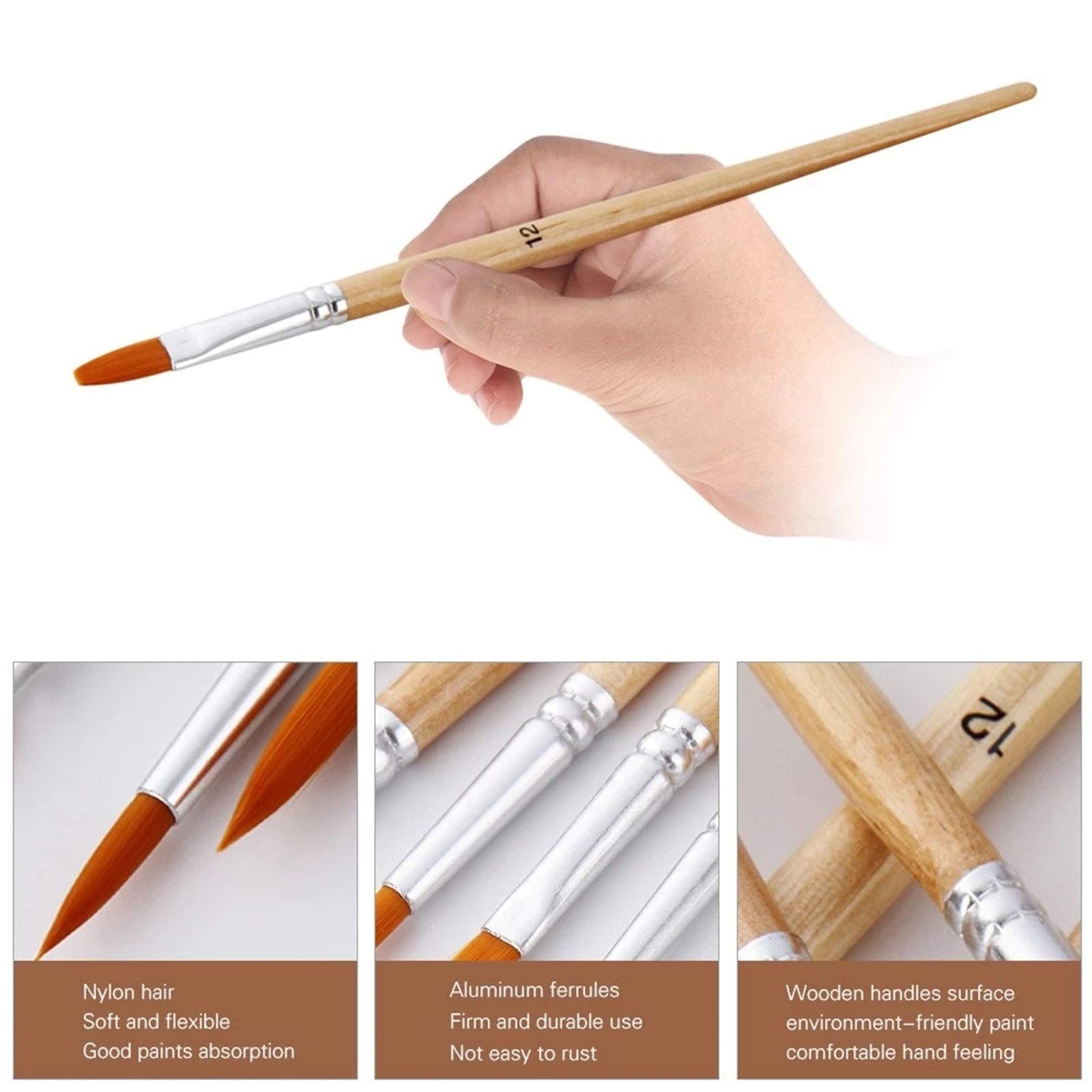 Juego de 12 pinceles de pintura con puntas planas y redondas puntiagudas, pelo de nailon, mango de madera, pincel de dibujo profesional para estudiantes, acrílicos I, color negro, talla única