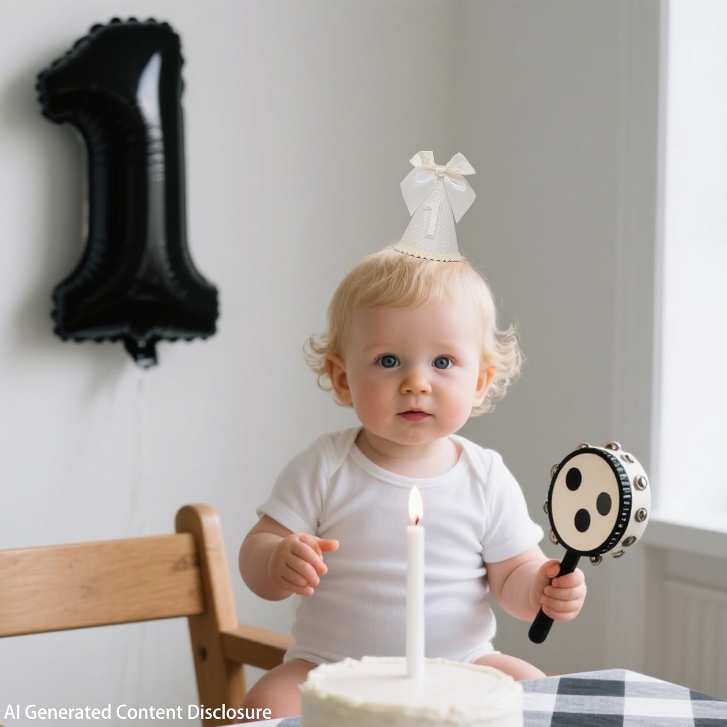 White Glitter First Birthday Party Hat with Bow, Cone Shape Party Decoration,Number 1 Design