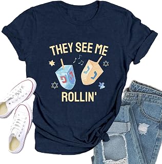 Hanukkah Shirt for Women Jewish Chanukah Dreidel T-Shirts They See Me Rollin Tee Tops