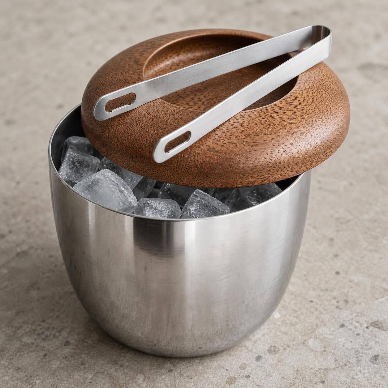 Cubitera Acero Inoxidable con Tapa y Pinzas para Hielo, Estilo Europeo, para Camping