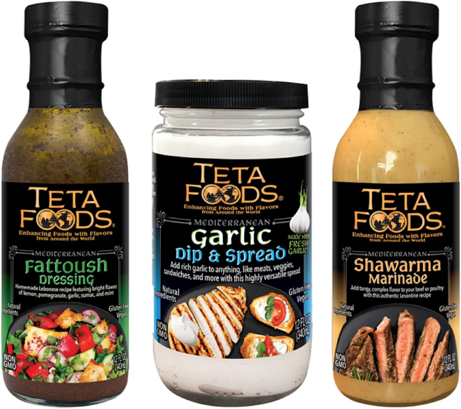 Teta Foods Assorted Selection of Middle Eastern Dressings and Marinades (Fattoush Garlic Shawarma)