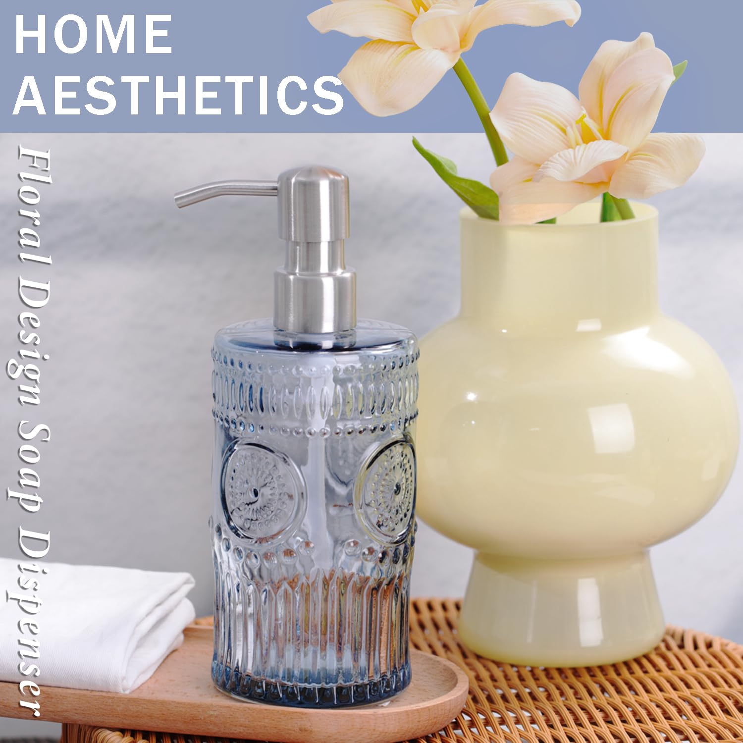 2 confezioni di dispenser di sapone blu da 500 ml, ricaricabile, in vetro, con pompa in acciaio inox, per cucina e bagno, elegante design floreale per accessori da bagno