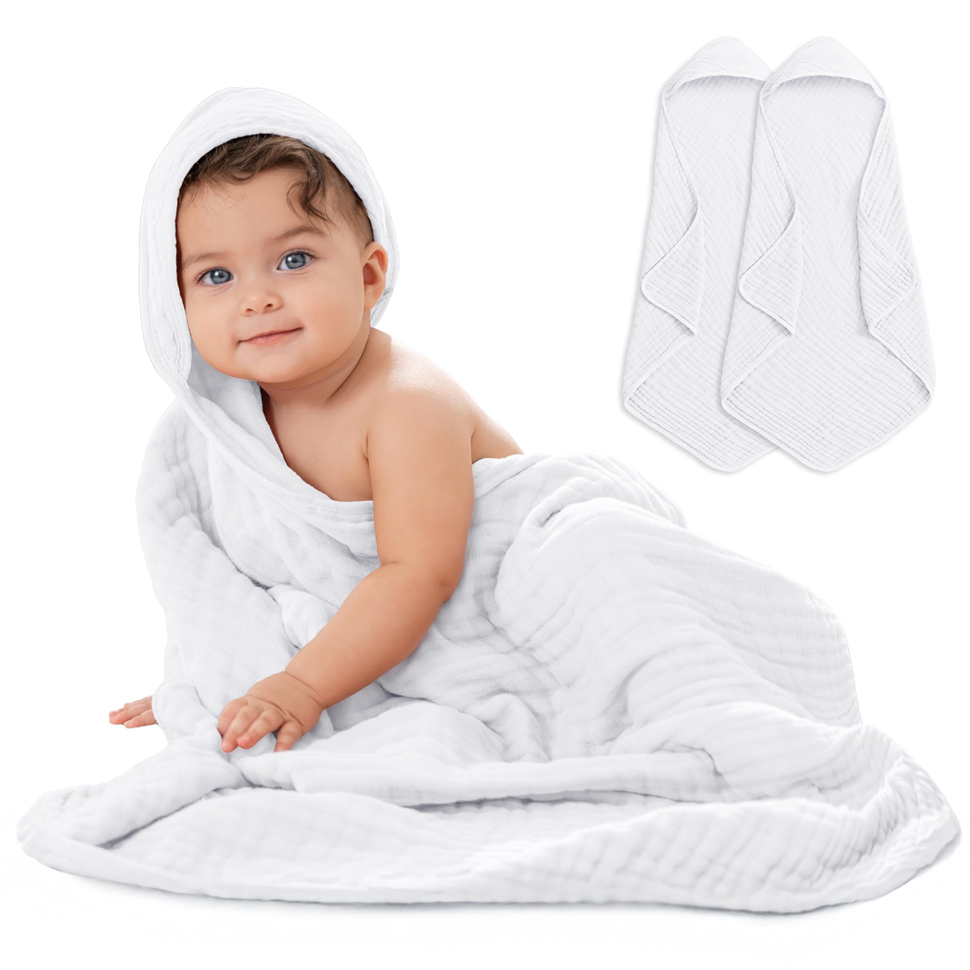 Comfy Cubs Hooded Baby Towel 2-Pack, Large 32 x 32 Inch - 6 Layer 100% Muslin Cotton for Babies, Toddlers and Kids - Soft & Absorbent Baby Bath Towels