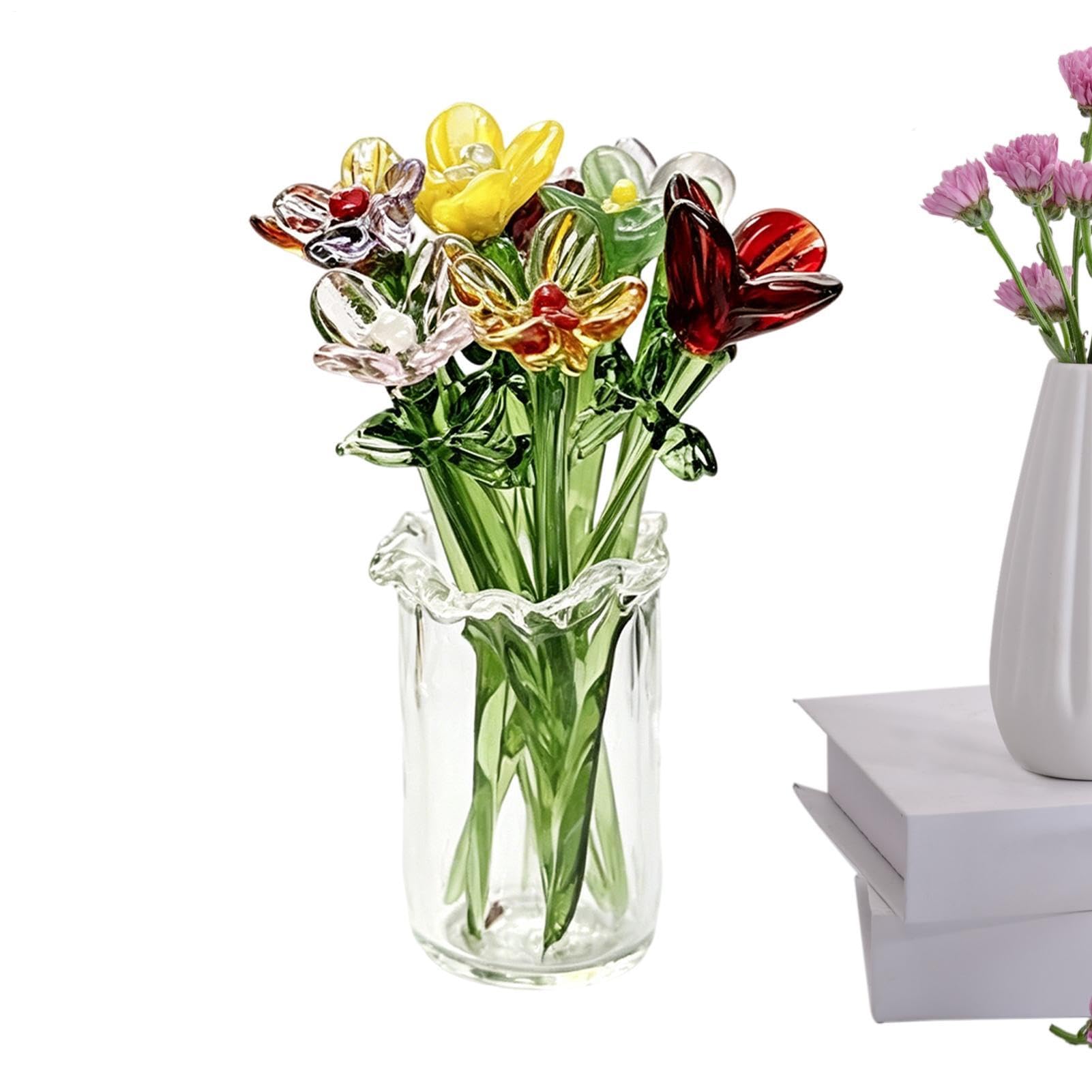 Fleurs en verre et vase en cristal de collection, artisanat d'art de table