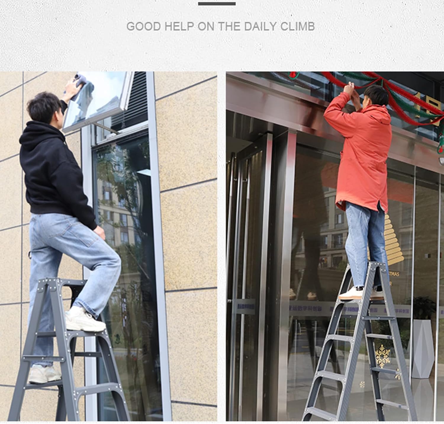 Aluminum Foldable Step Ladder U-Shaped Reinforcement Wider Top Tread Non-Slip Bottom Foot Step Stool I-Beam Reinforcement Carbon Steel Alloy Rivets Double Side Ladder