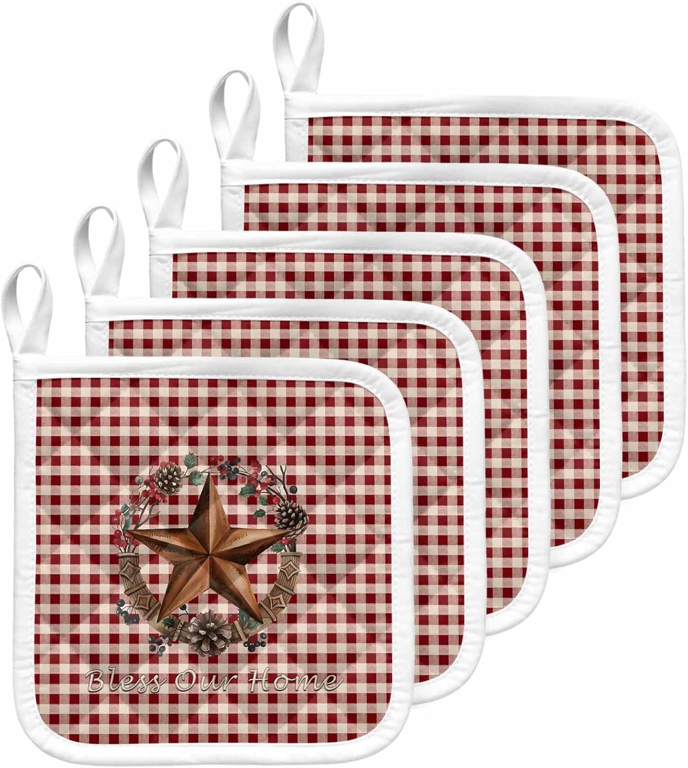 5 Pack Pot Holders for Kitchen, Star Plaid Hot Pads for Kitchen Countertops Oven Pot Holder Bulk, Vintage American Country Berry Red Brown Heat Insulation Potholders with Hanging Loops