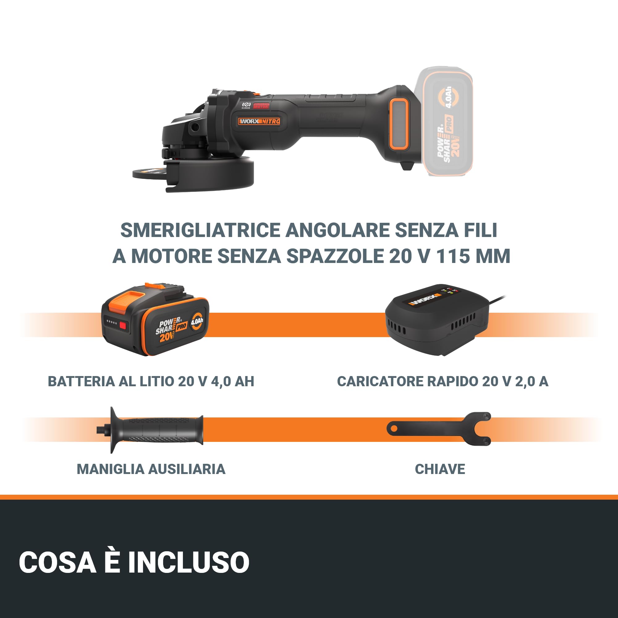 Worx Smerigliatrice angolare wireless 20 V 115 mm | WX815.9 | potenza equivalente a 1000 W, taglio 50% più veloce, design compatto