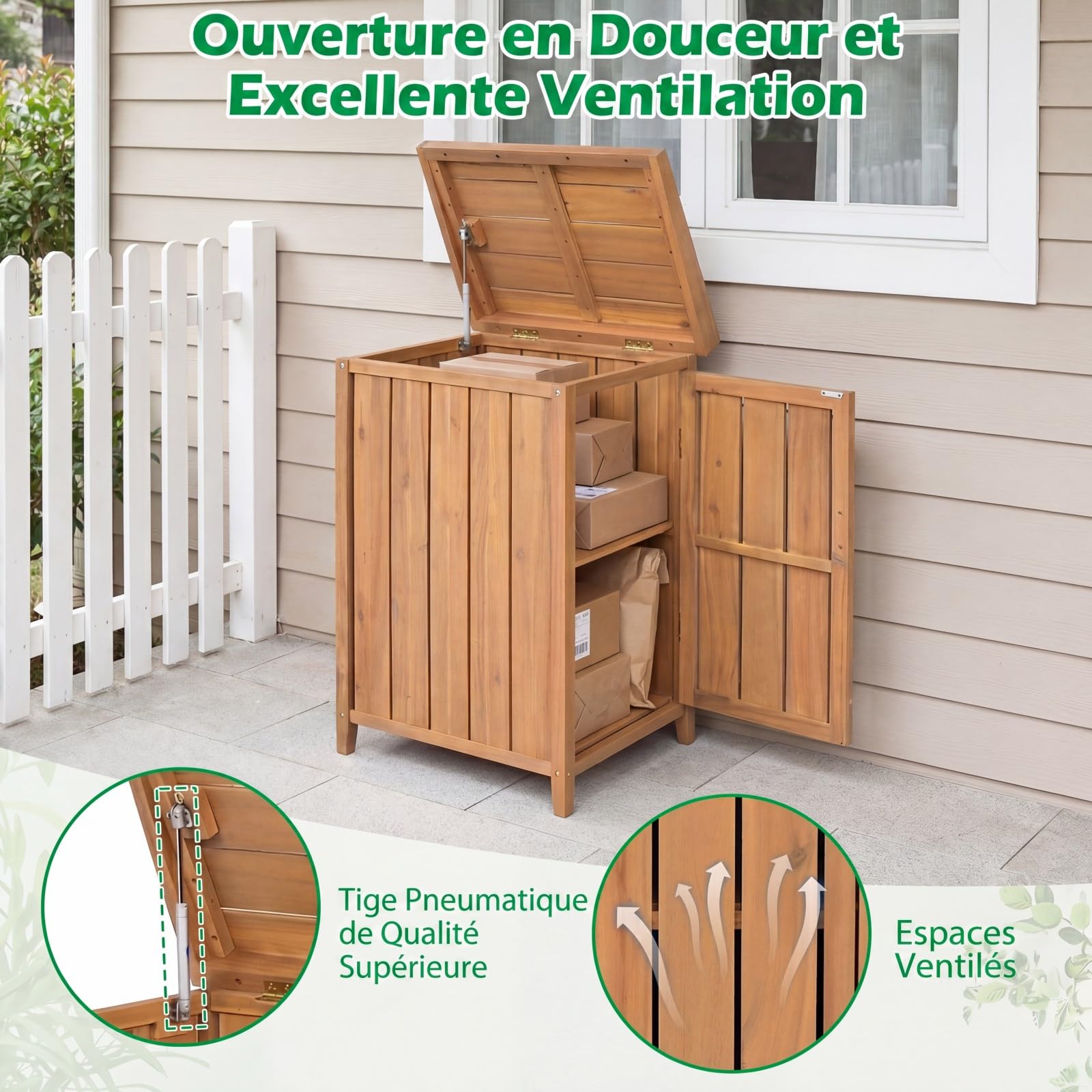 COSTWAY Coffre de Rangement Extérieur en Bois d'Acacia, Abri de Jardin pour Colis Outils de Jardinage, Couvercle Ouvrant Étagère Amovible, Cache Poubelle Boîte de Livraison, pour Porche Cour