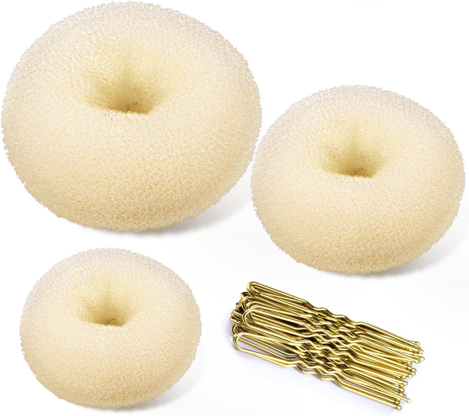 3Pcs Golden + 20Pcs Blonde Pins: Hair Bun Maker Blonde, Tsmaddts 3Pcs Donut Bun Maker (Large, Medium, Small) With Large Bobby Pins Blonde 20Pcs, Doughnuts Sock Bun Ring Styler Mak