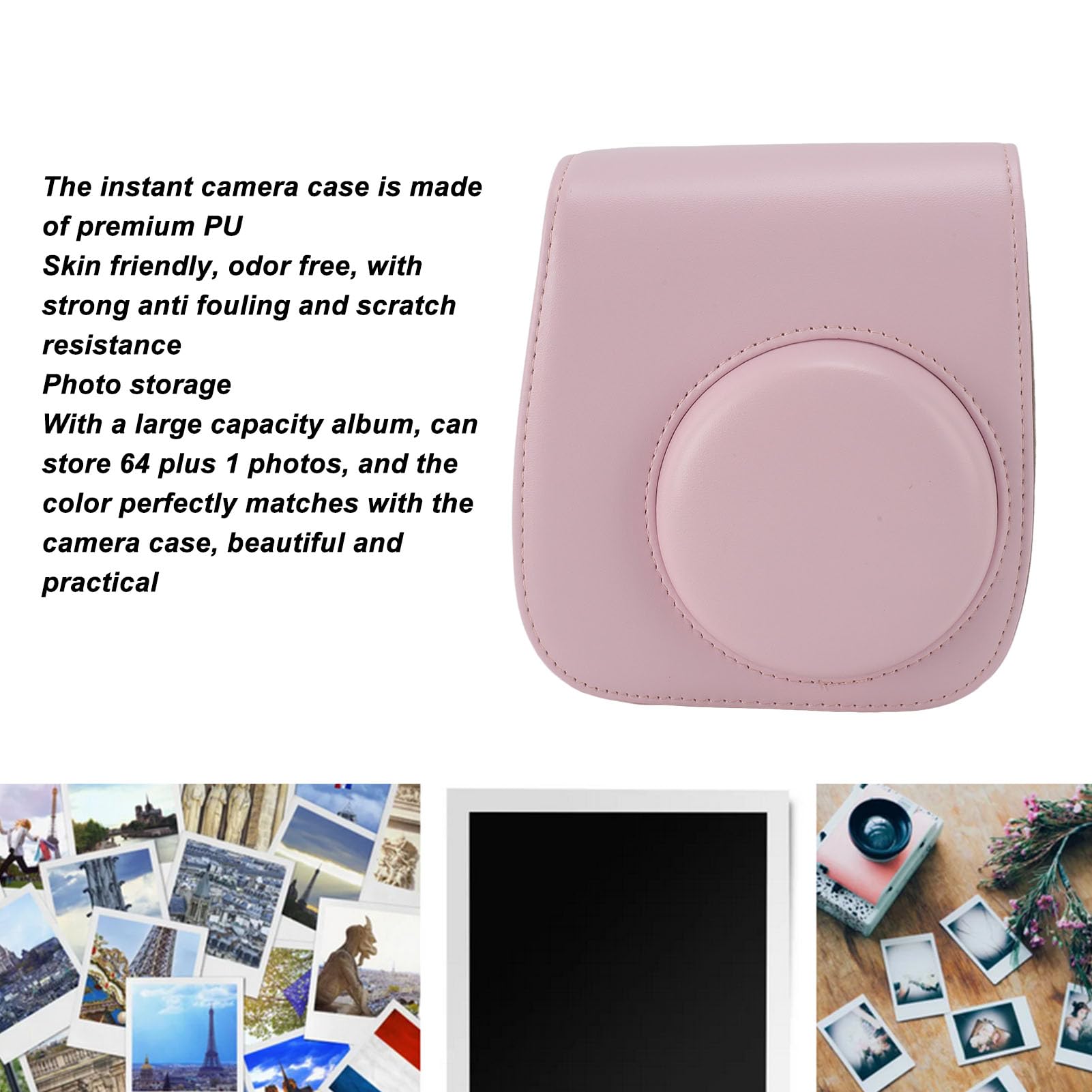 Agatige Instant Camera Protective Case, PU Leather Camera Bag with Photo Frames Album Shoulder Strap Selfie Mirror Filters Stickers PU Leather Camera Bag for Instant Mini12 (Light Pink)