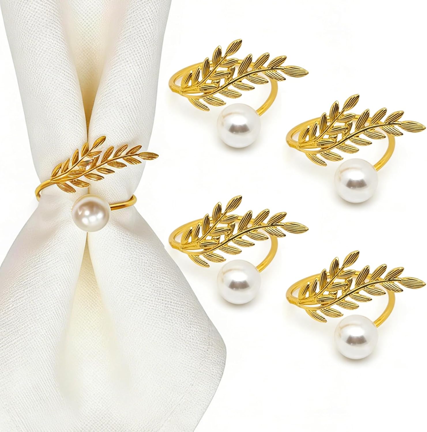 Set of 4 Gold Pearl Napkin Rings Metal Rings for Napkins with Wheat Ear Design Elegant Table Decoration for Family Dinner Wedding Party Napkin Holder Rings