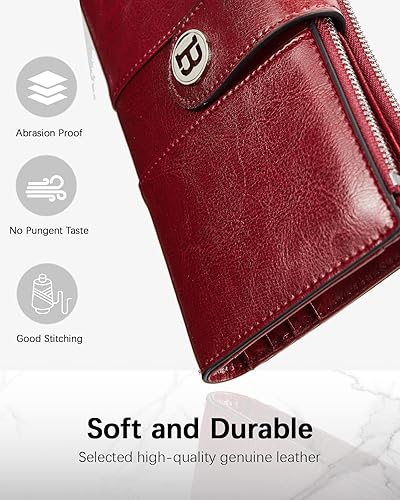 Miniatura 4 de BOSTANTEN Carteras de cuero para mujer, bloqueo RFID, gran capacidad, triple tarjetero, embrague para teléfono, F-Vino Rojo-Doble Cremallera,