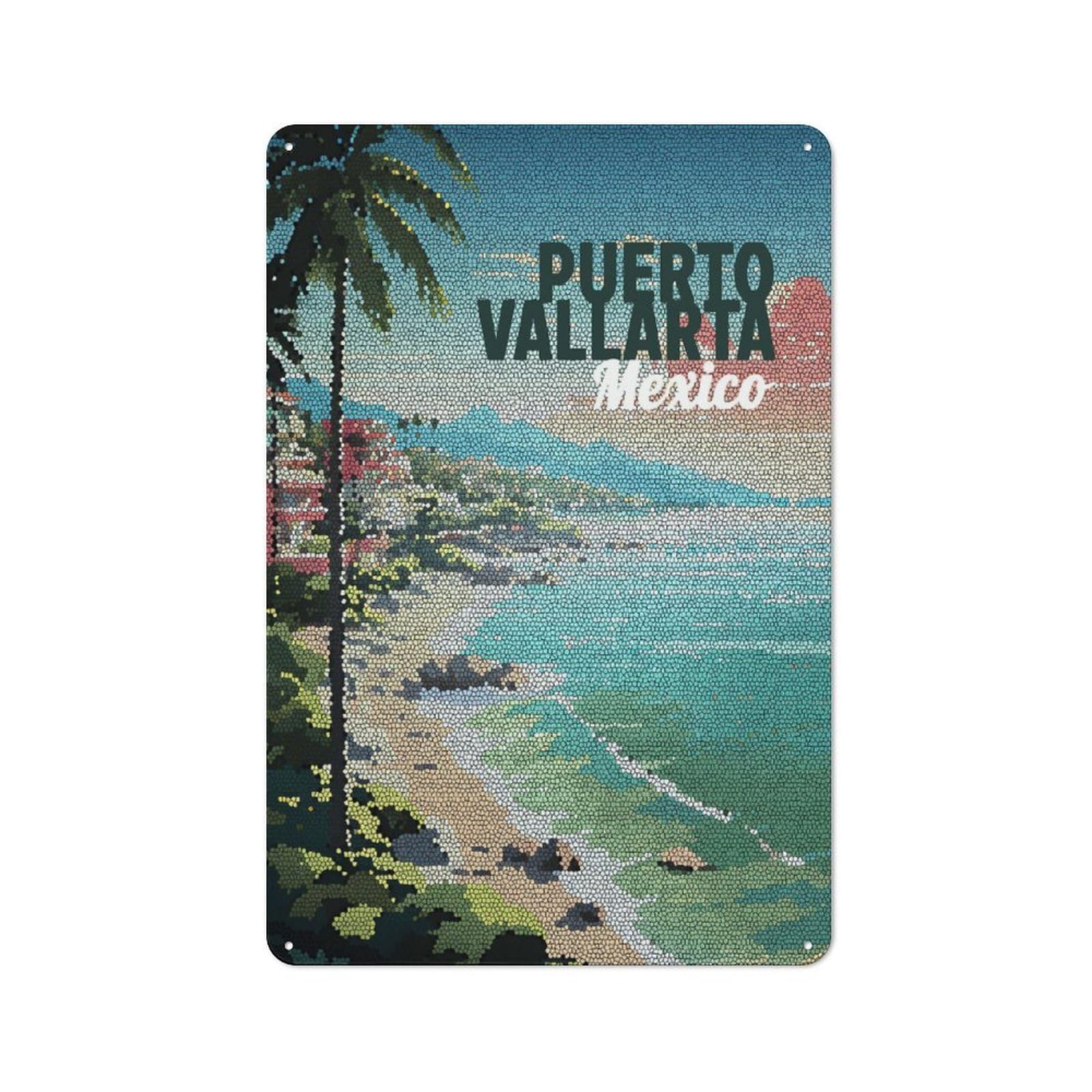 Junmoney Style-21 Puerto Vallarta Mexico Mosaic Art Rustic Tin Sign 30X20cm For Garden Room Or Summerhouse, For An Autumn Wall Display In Garden Room And Summerhouse