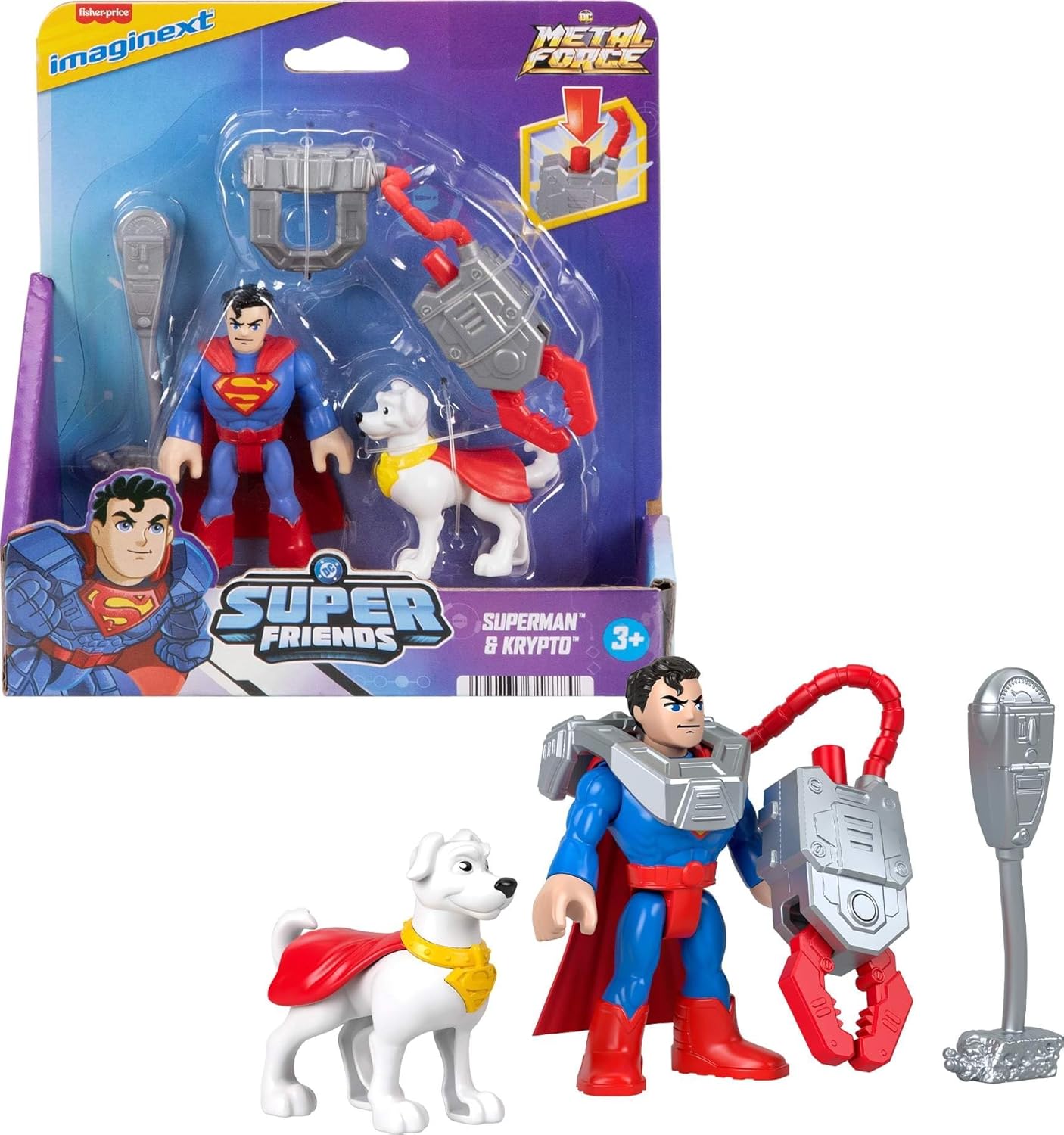 Fisher-Price Imaginext DC Super Friends, Metal Force Action Figures & Accessory Set with 3-inch Superman, Krypto Super Dog & Grabbing Tool