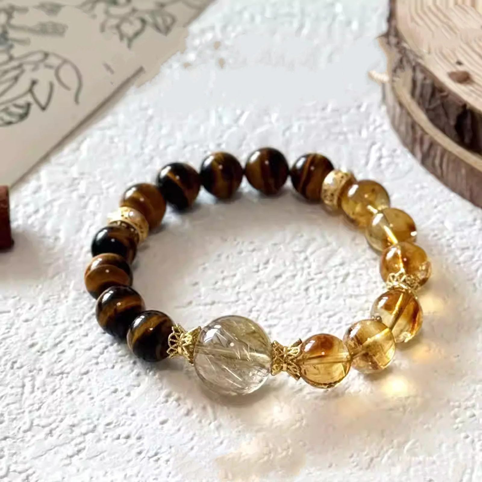 Bracciale con Perline Chakra con Cristalli di Pietra preziosa Occhio di Tigre, Perline di Cristallo Naturale Quarzo rutilato Dorato Perline di Pietra Lisce Rotonde Lucide, Perline,10MM
