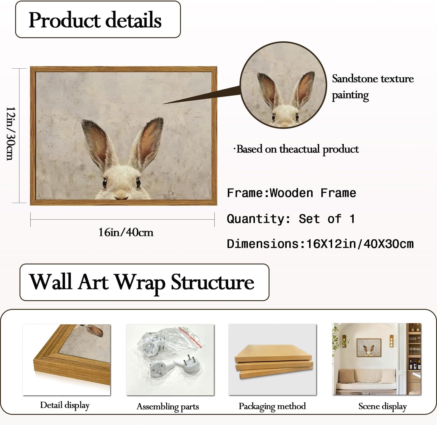 Framed Vintage Rabbit Wall Art, Cute Easter Bunny Pictures Wall Decor, 3D Sandstone Textured Farmhouse Animal Paintings Prints Cottagecore Home Decor for Living Room Bedroom Nursery 12x16 inch