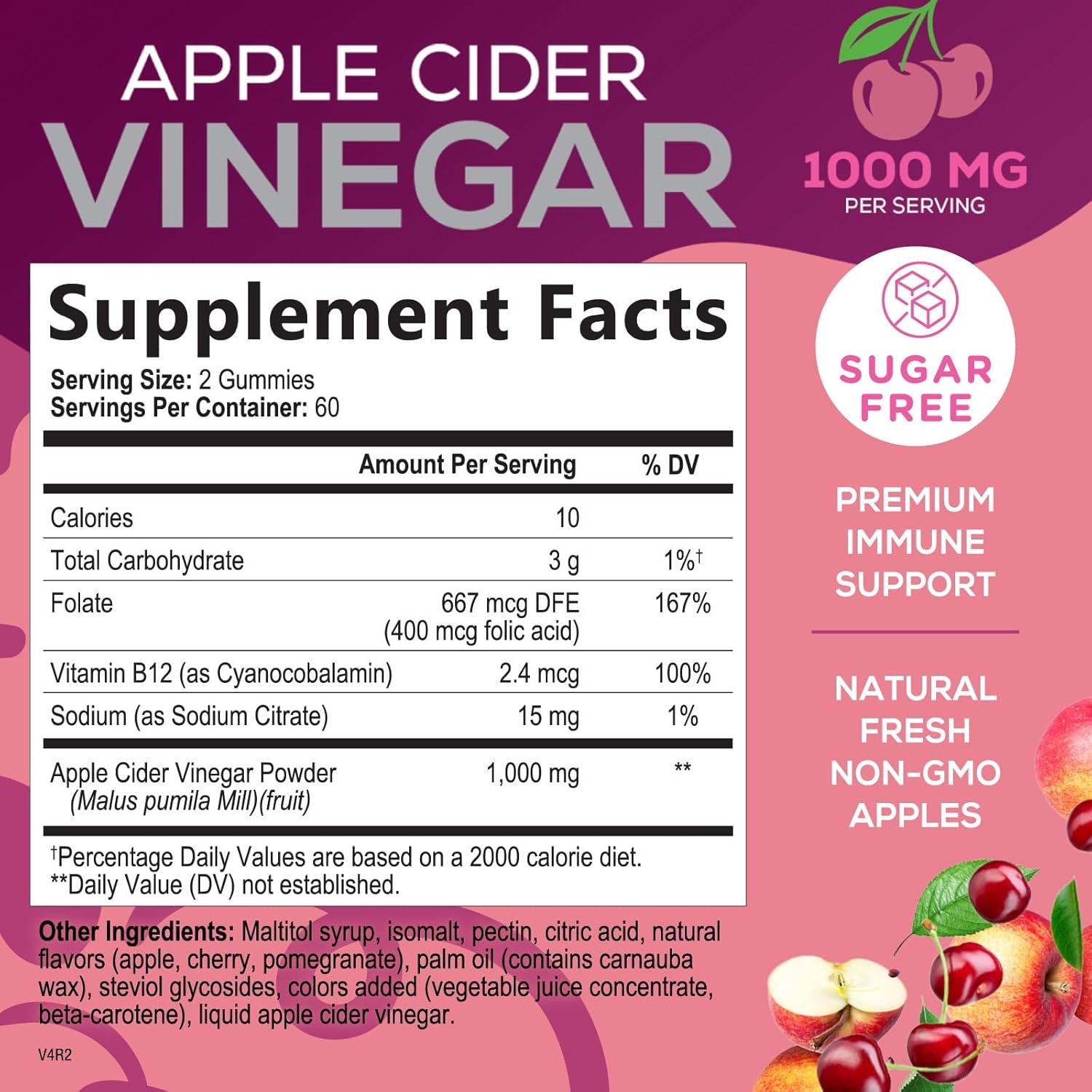 Apple Cider Vinegar Gummies 1000mg - Sugar Free ACV Gummy Vitamins Supplement with Vitamin B12 for Energy - Keto Friendly Digestion, Detox, Cleanse Support, Gelatin-Free, Vegan, Non-GMO - 120 Gummies - Image 2