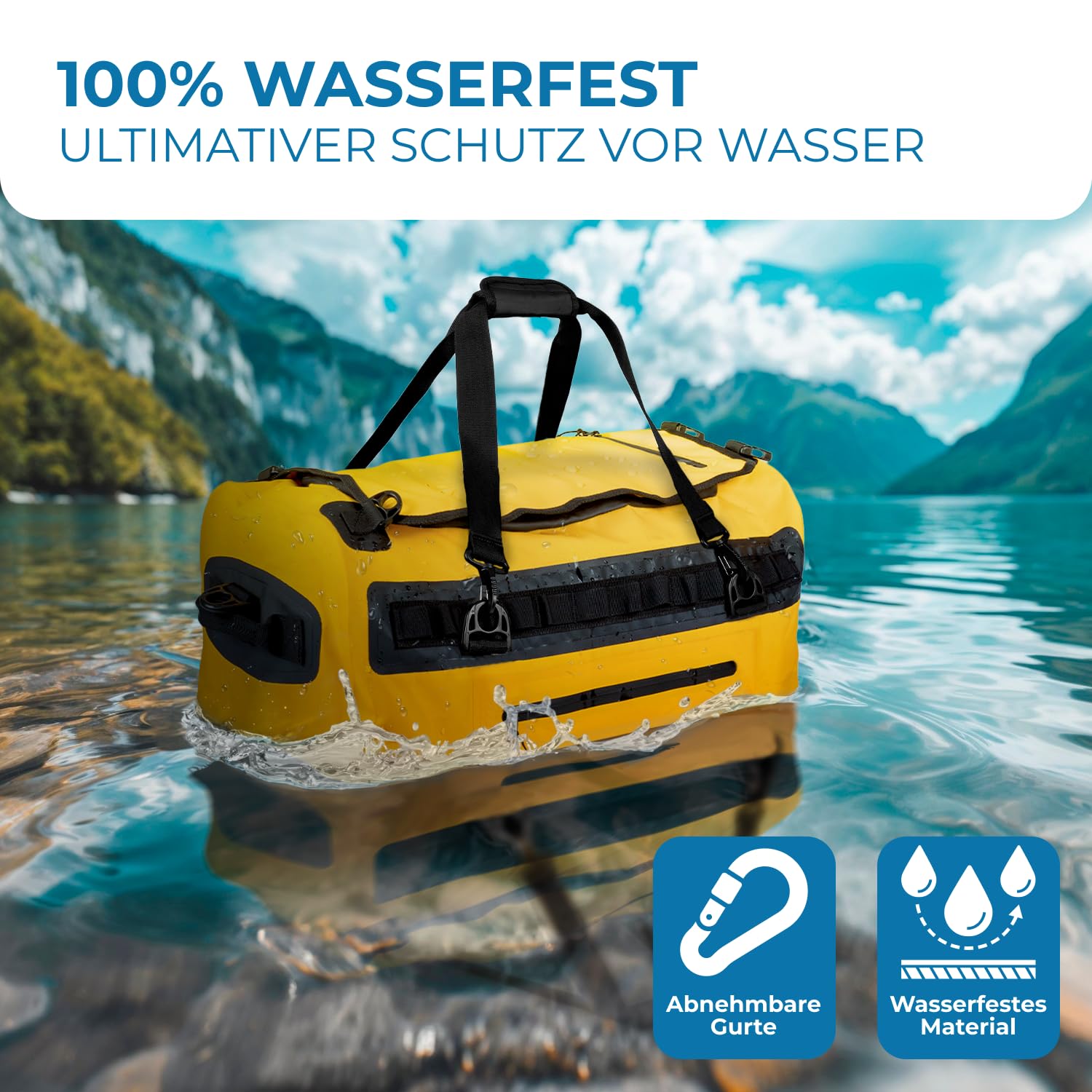 STYNGARD Reisetasche wasserdicht mit Rucksackfunktion [60l] - Sporttasche mit Rucksackfunktion wasserdichtes Material - 3in1 Duffle Bag 60l als Segeltasche und Seesack - Modell Hamburg (Gelb, 60L)