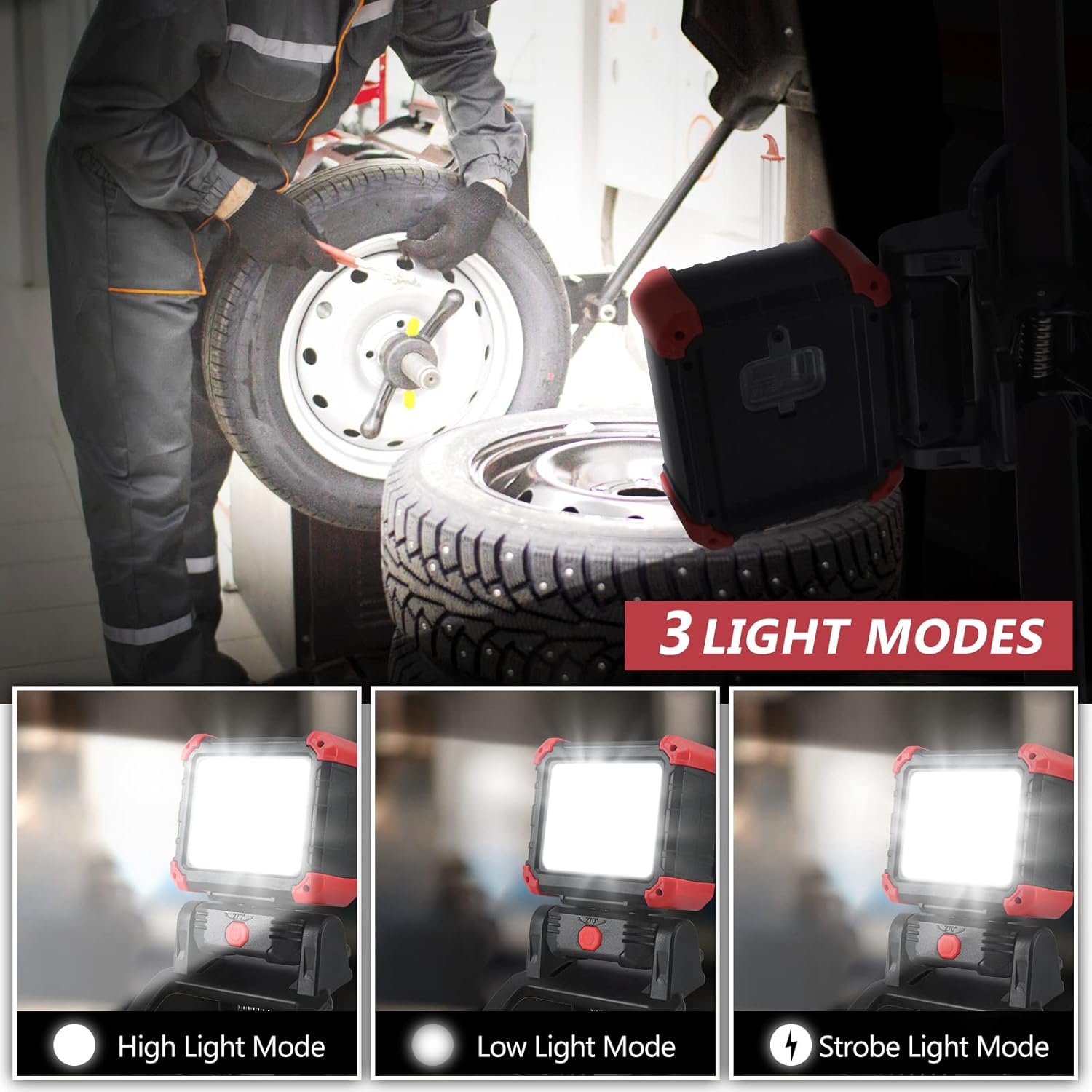 LED Rechargeable Work Light with Clamp, 2Pack 2100LM COB Magnetic Work Light with 3 Light Modes, 270° & 180° Rotation, Waterproof, Perfect for BBQ, Jobsite, Workshop, Car Repairing