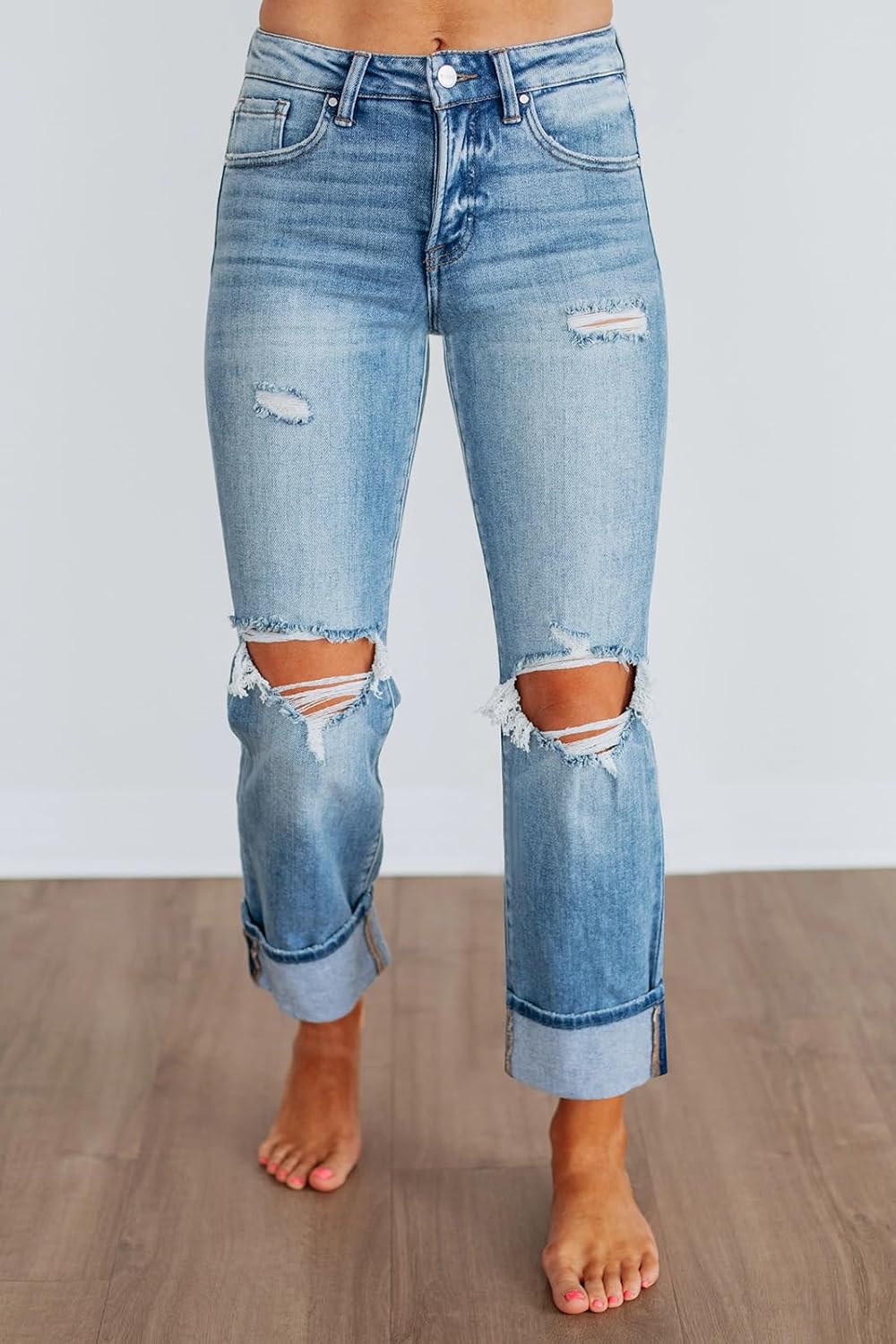 KUNMI Women's Boyfriend Ripped Mid Waisted Distressed Stretchy Jeans image 4