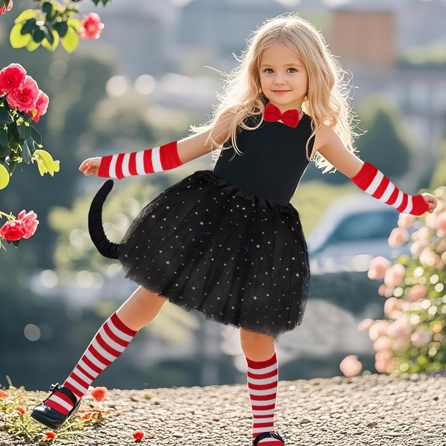 5 Pack Cosplay Cat Costume Accessories Set with Red White Striped Gloves Socks Bow Tie Tulle Tutus Black Long Tail - Image 5