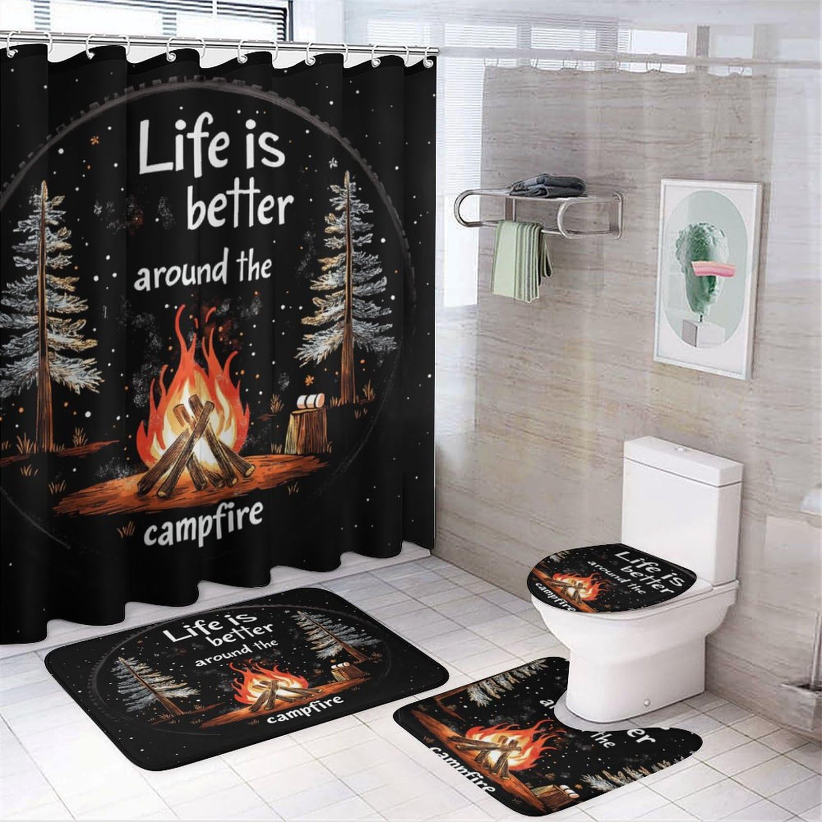 4 Piece Bathroom Rug Set with Shower Curtain Life is Better Around The Campfire Bathroom Sets with Curtain Rug Toilet Cover and U Shaped Mat Happy Camping Bathroom Decor Sets for Bathroom Decor