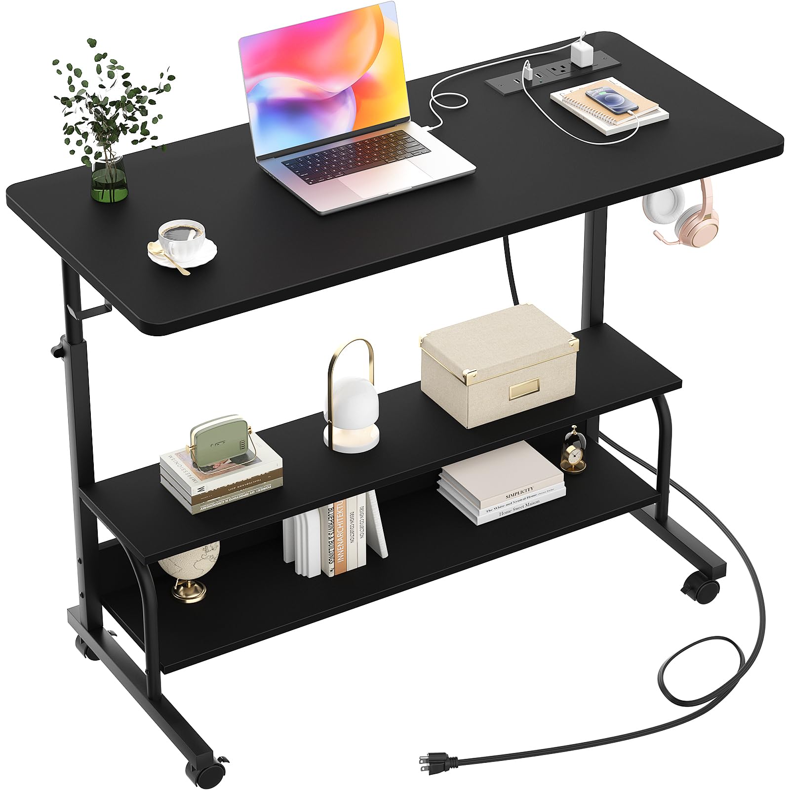 iSunirm Standing Desk with Power Outlets & USB, Height Adjustable Desk (70-104cm) on Wheels, Small Portable Computer Desk for Home Office, Slim C-Shaped Study Table & Mobile Bedside Laptop Desk Black