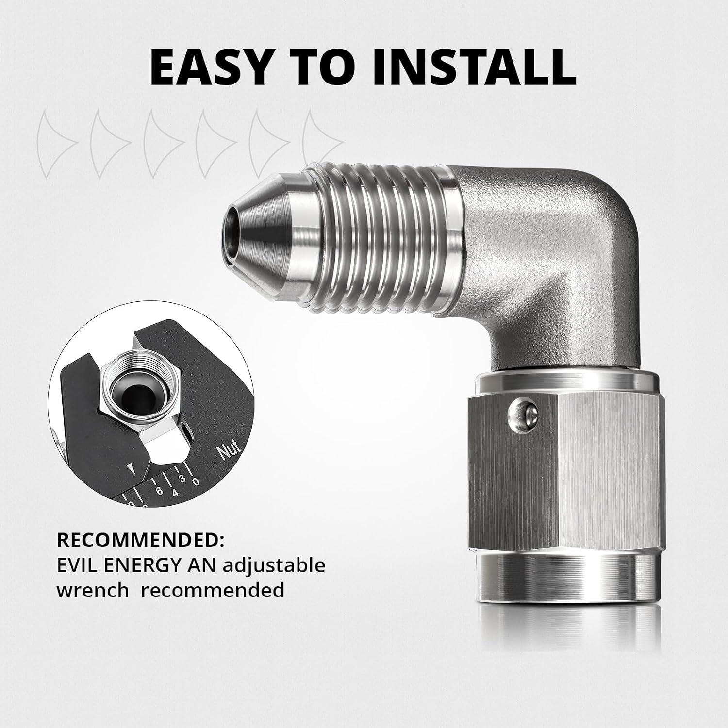 EVIL ENERGY 3AN Male to 3AN Female 90 Degree Swivel Brake Line Fitting, AN Adapter Coupler, Easy Install, Leak-Free for Automotive & Racing Performance, Stainless Steel Silver