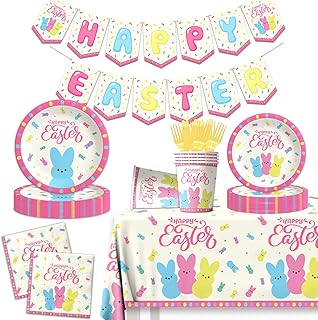 Easter Party Supplies 142 Pieces Peeps Bunny Tableware Decoration Disposable Dinnerware Plates Napkins for Welcome Peeps,Easter Spring Holiday Party Favors