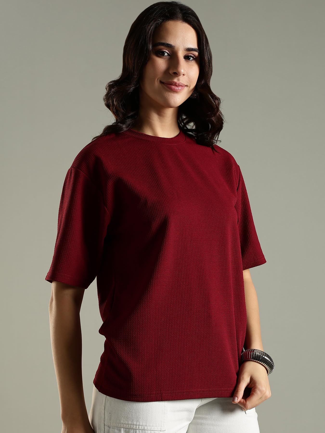 Women's Stylish Textured Three Fourth Sleeve Oversized T-Shirt (Maroon)-image-23