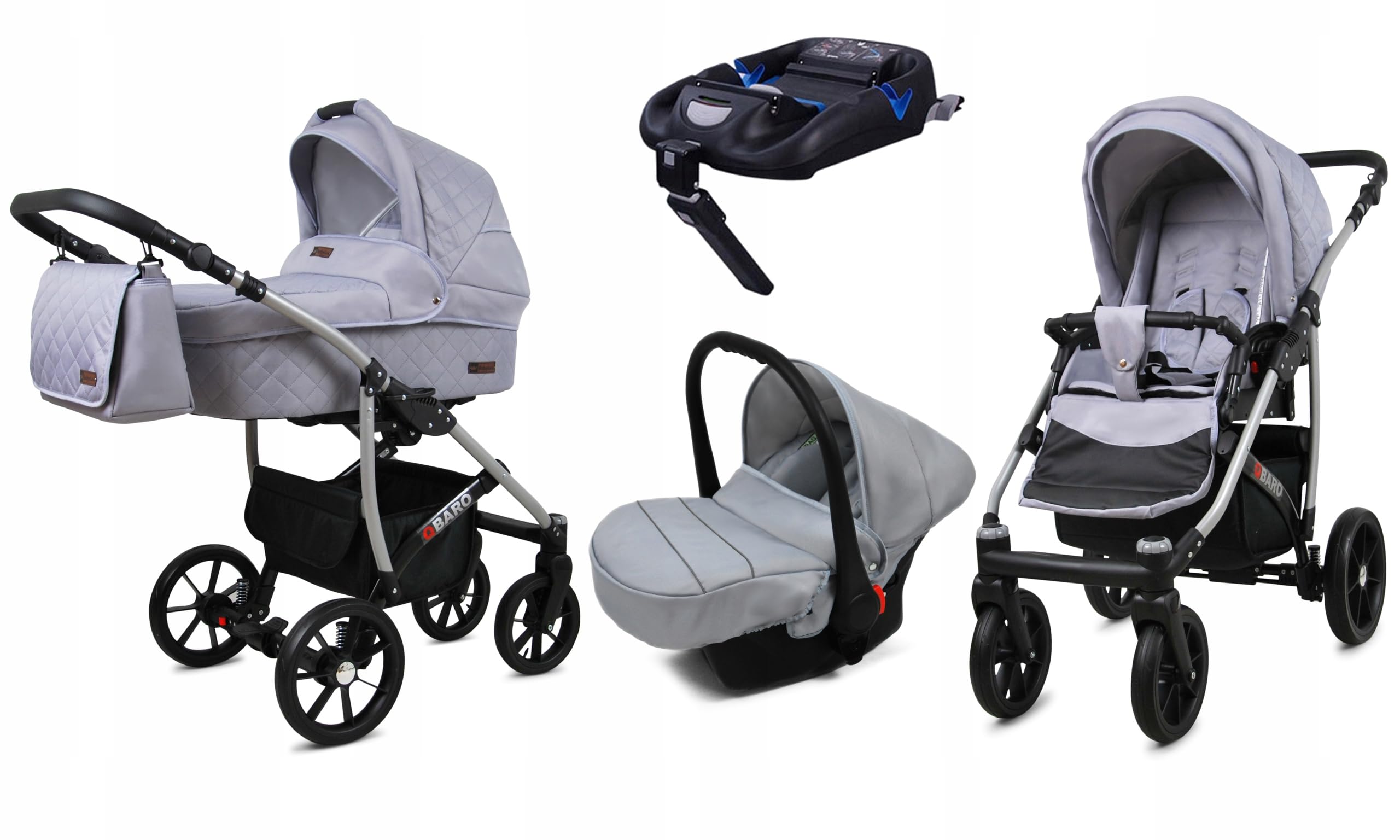 BabyLux Zestaw wózków dziecięcych 4 w 1 – Qbaro – w zestawie wanienka dla niemowląt, fotelik sportowy, fotelik samochodowy, stacja bazowa ISOFIX – fotelik samochodowy – zestaw wózków dziecięcych