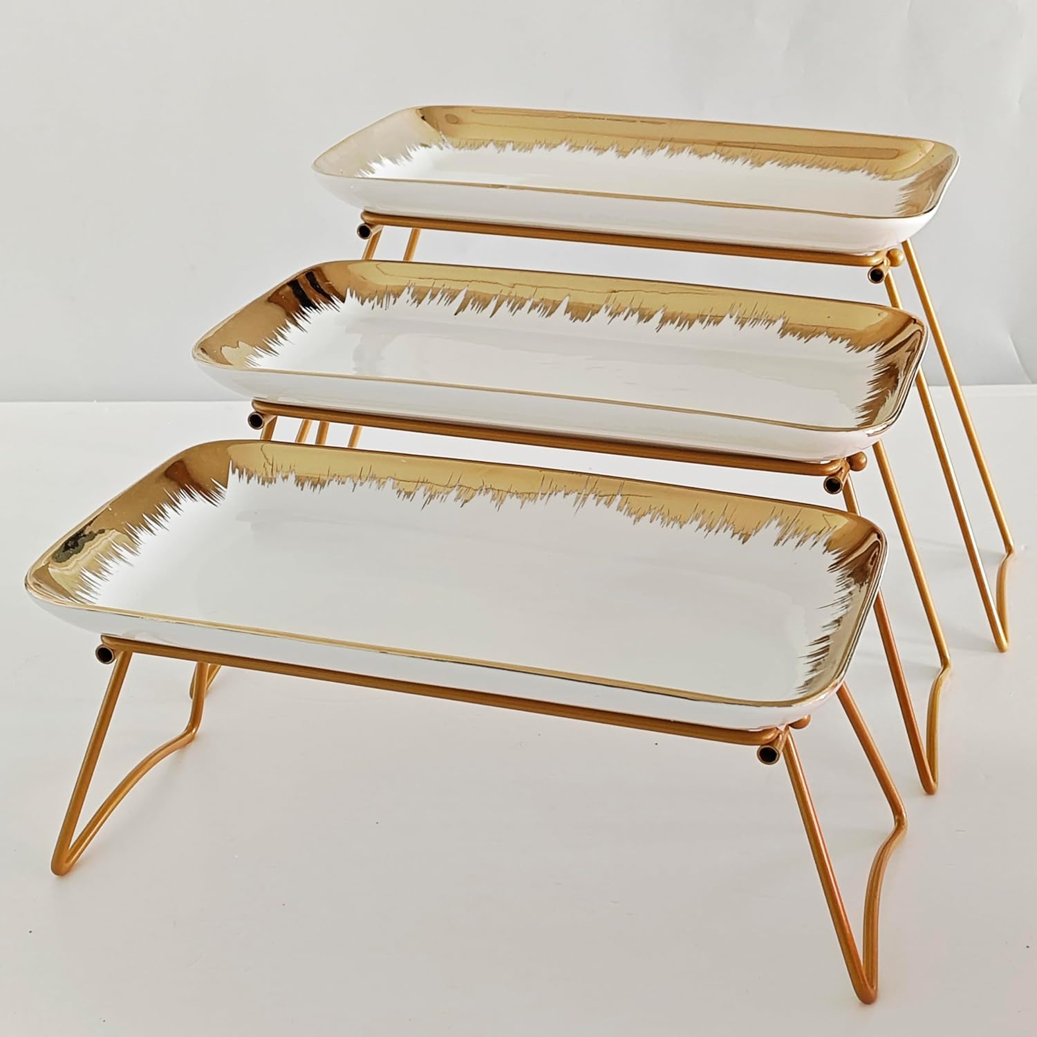 HAPPY KIT 3 Tier Serving Tray Set with Gold Freely Combinable Rack,12 Inch Tiered Tray Stand,Widened Porcelain Platters,Cupcake Stand Collapsible,Gold-Rimmed
