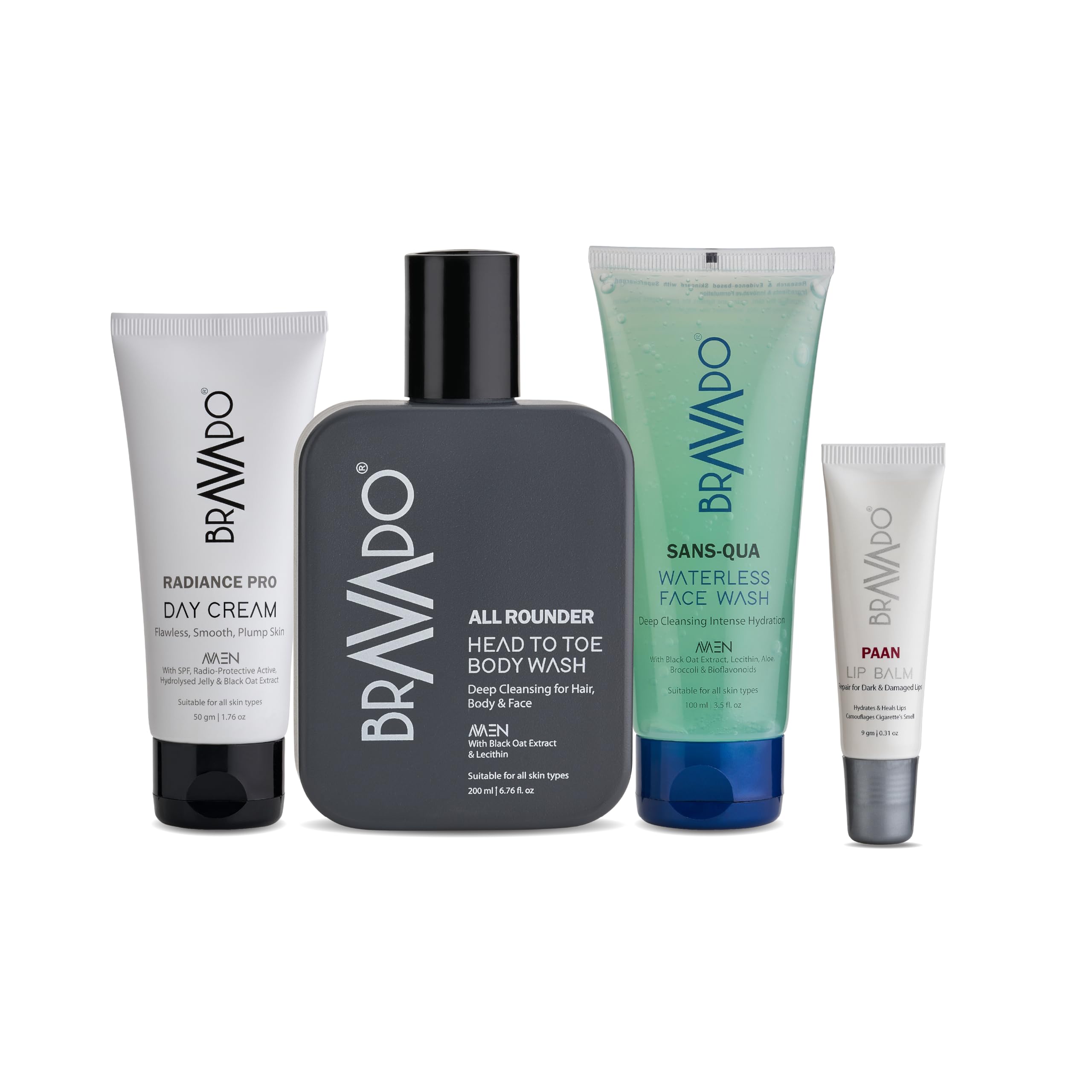 Bravado Personal Care 4 -In -1 Travel Combo Kit - Pack of - All Rounder Body Head to Toe Bodywash, Sans Qua Waterless Facewash, Radiance Day Cream, Lip Balm Paan -359g (Set of 4 Products)-image-21