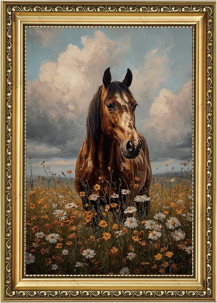 AIKETUO Gold Framed Retro Vintage Horse Wall Art for Bedroom, Vintage Horse Floral Wall Decor, Artwork for Aesthetic Rustic Farmhouse Living Room Bathroom Bedroom Ofiice Decor Big 24" L x 16" W