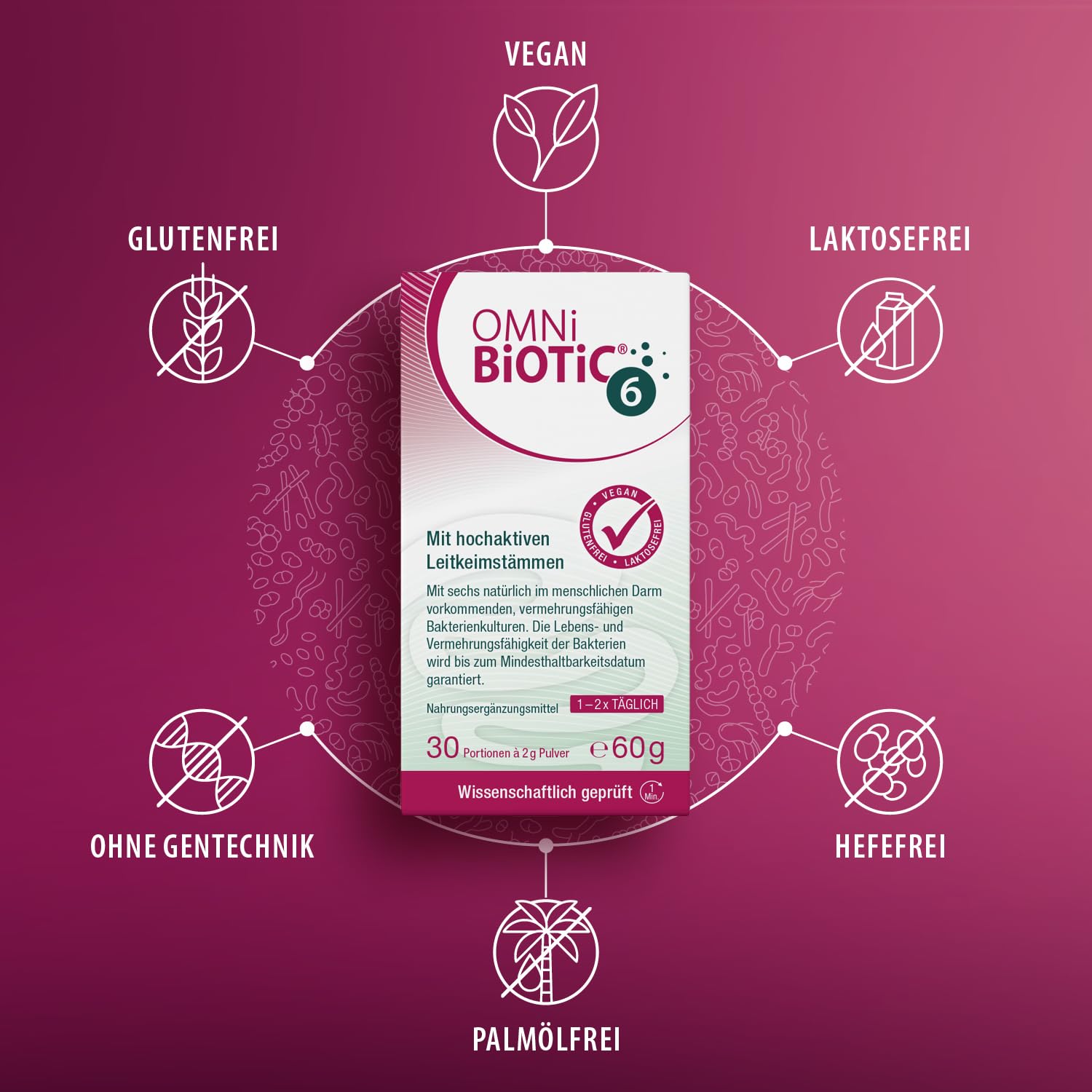 OMNi BiOTiC 6 | Der tägliche Begleiter für ein gutes "Bauchgefühl" | Für jeden Tag und jedes Alter geeignet | 60 Portionen (120 g) | 6 Bakterienstämme | Pulver | Mit Inulin | Vegan | Glutenfrei
