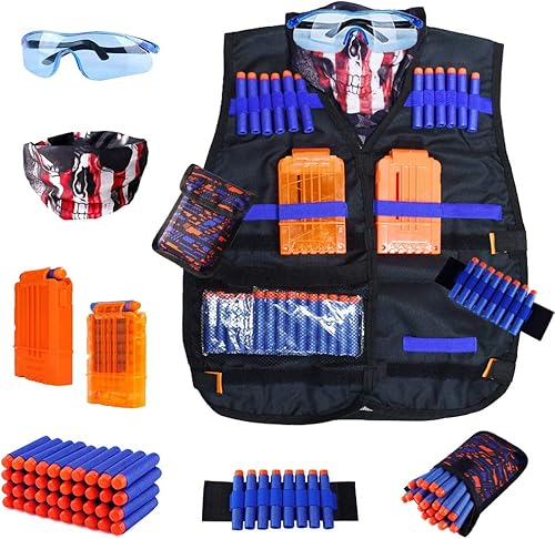 Kit de chaleco táctico para niños Nerf Guns N-Strike Elite Series con 40 dardos de recambio de balas, 2 clips de recarga, bolsa de dardos, máscaras