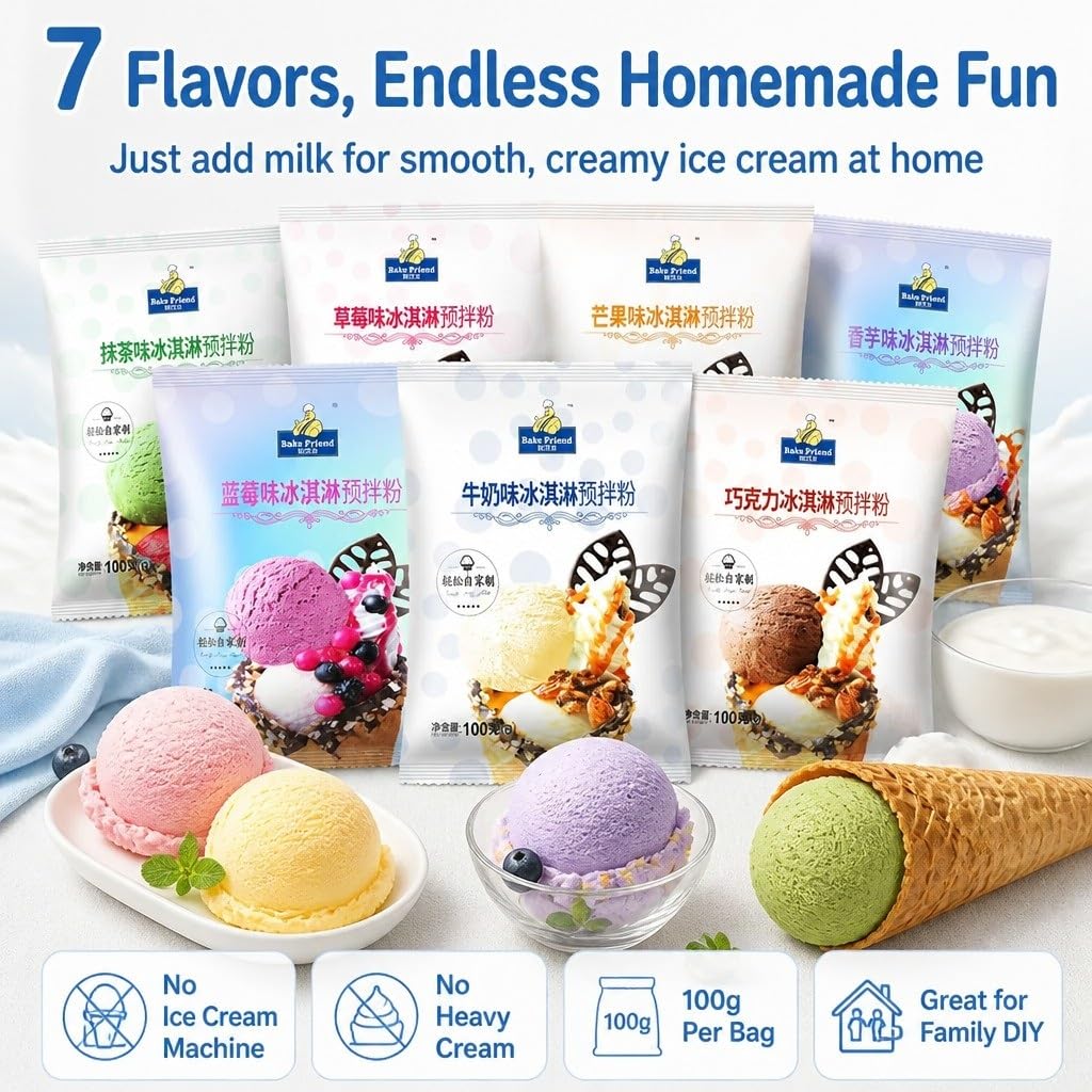 Mélange De Poudre Crème Glacée Maison (100 G/sachet) Avec 7 Saveurs – Desserts Rigides Et Mous À Utiliser Du Lait, Aucune Machine Nécessaire