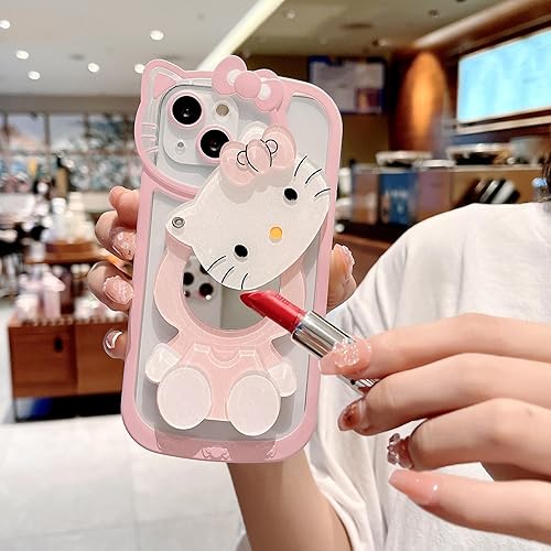 Miniatura 3 de Funda para iPhone 15 Plus Kawaii Pink Cute Cartoon Phone Case con espejo, elegante y bonita funda para iPhone 15 Plus de 6.7 pulgadas, color rosa