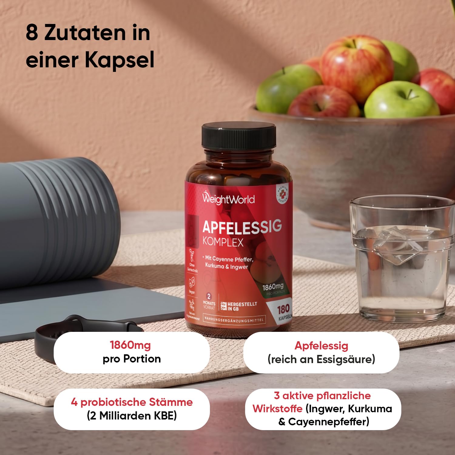 WeightWorld Apfelessig Komplex - 1860mg pro Portion - Aus Muttersaft | 2 Mrd. KBE Bakterienstämme, 180 Kapseln, 2 Monate, Apple Cider, Kurkuma, Ingwer, Cayennepfeffer, Lactobacillus Gasseri