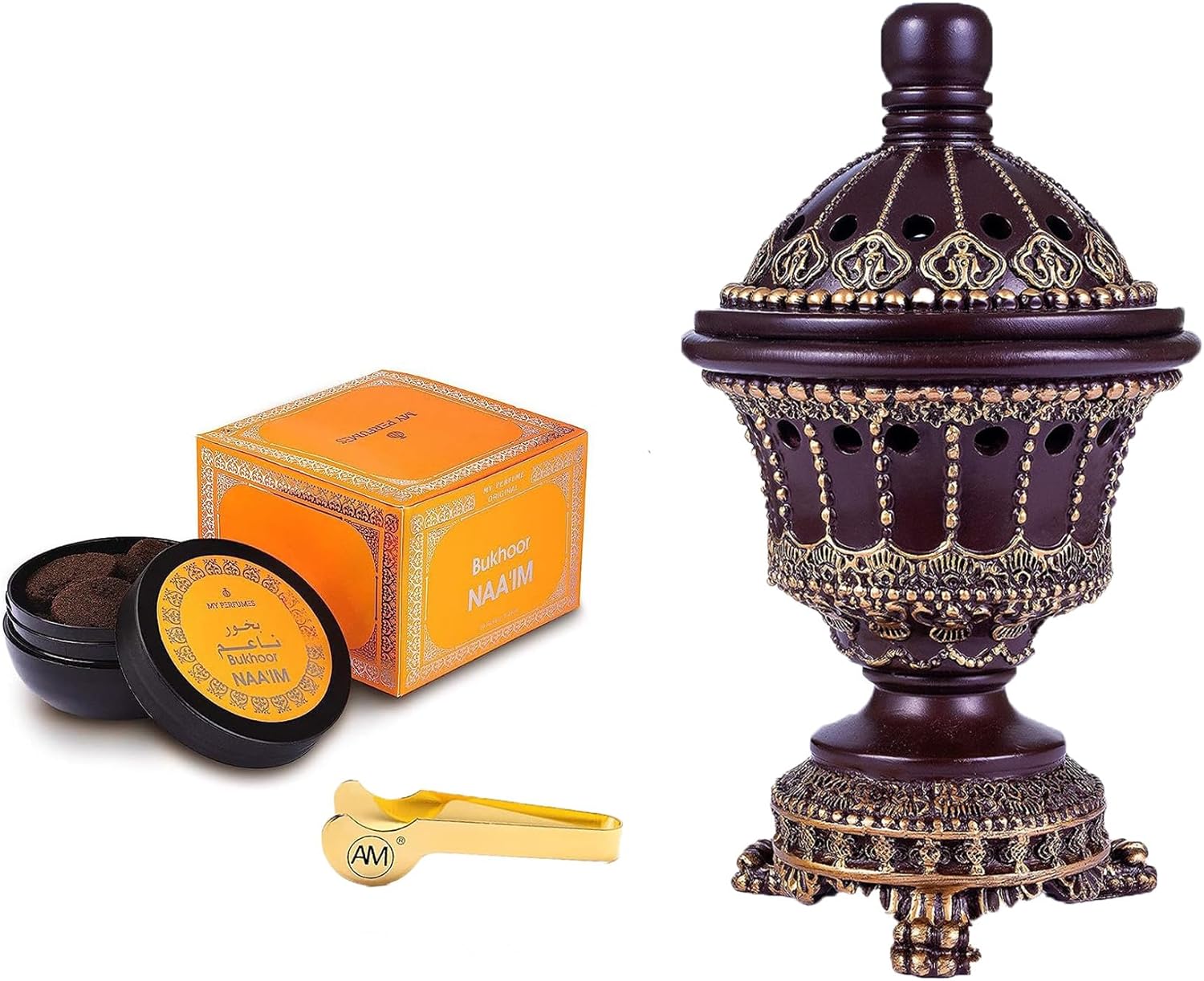 AM Incense Burner Frankincense Resin - Luxury Chalice (Brown) and Bakhoor Naaim Incense (10 Tablets) Bundle