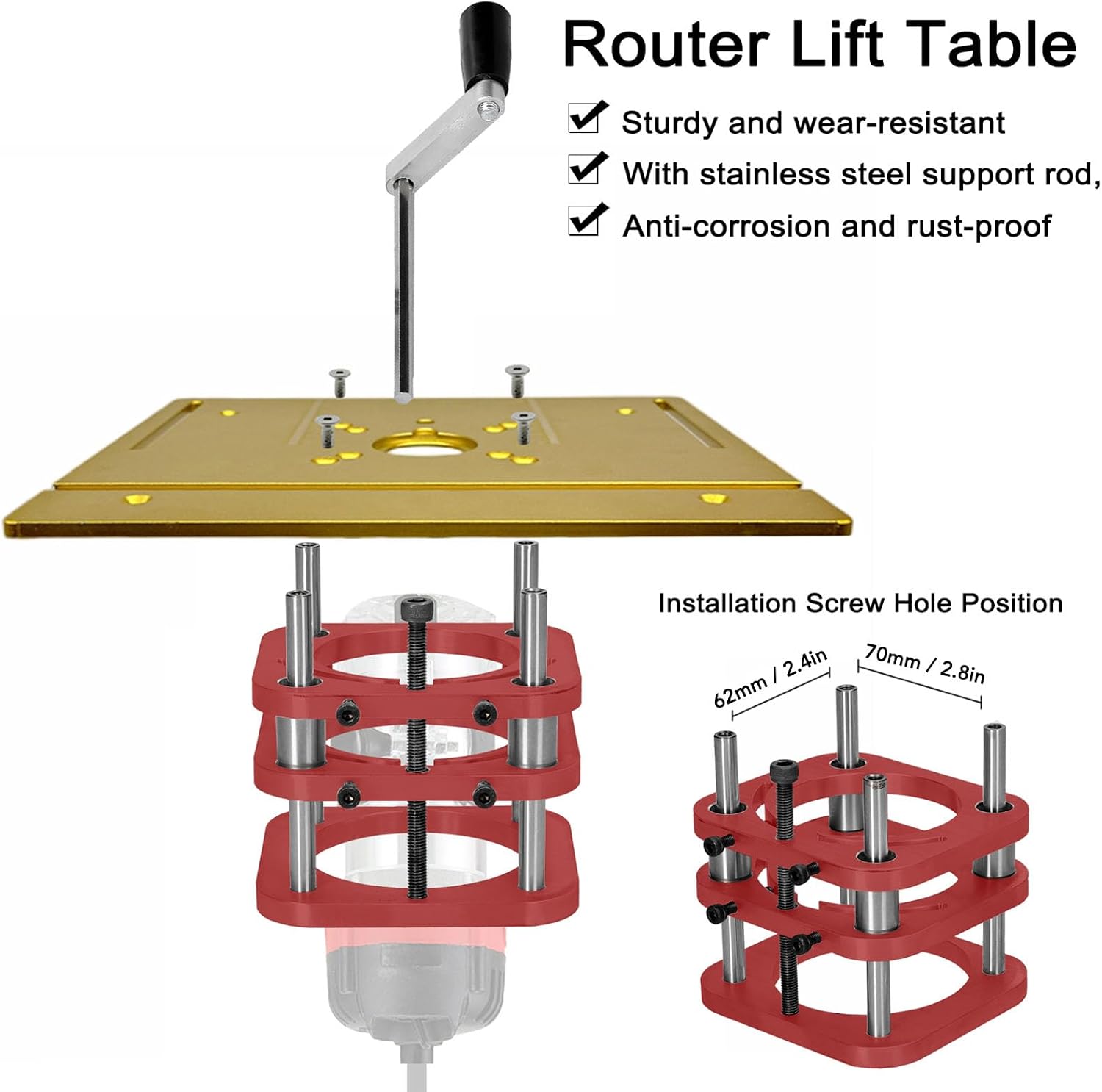Router Base Kit with Aluminum Alloy Base Manual Lifting Rod and 4 Mounting Holes for Diameter 64mm to 66mm Woodworking Machines
