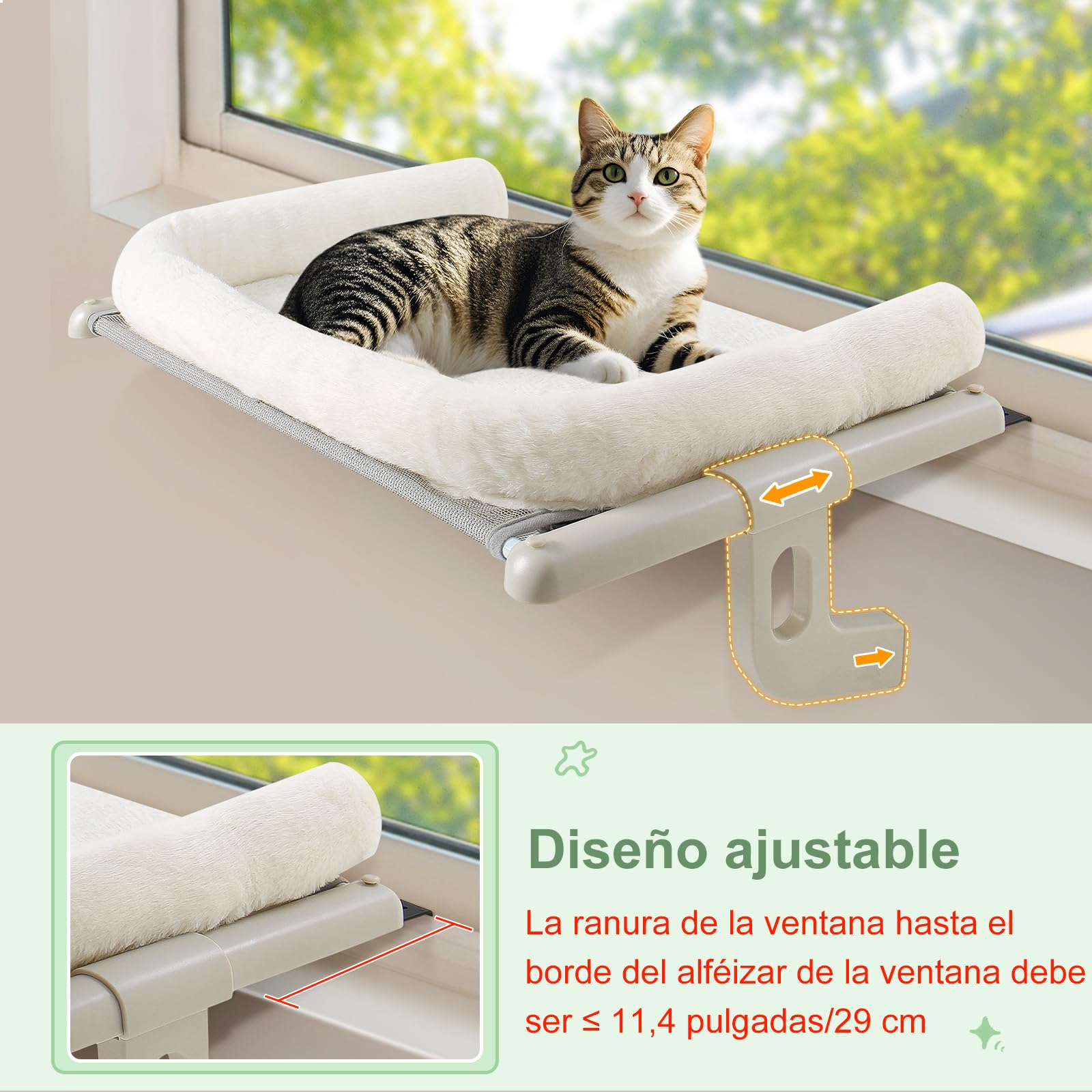 GUUSII HOME Hamaca Cama Gato Ventana para Amaca Camita Gatos Colgante de Interior Grande Ajustable Fácil de Montar y Mover Durable Sin Taladro Sin Succión 56 * 38cm Soporta hasta 18kg(Blanco,S)