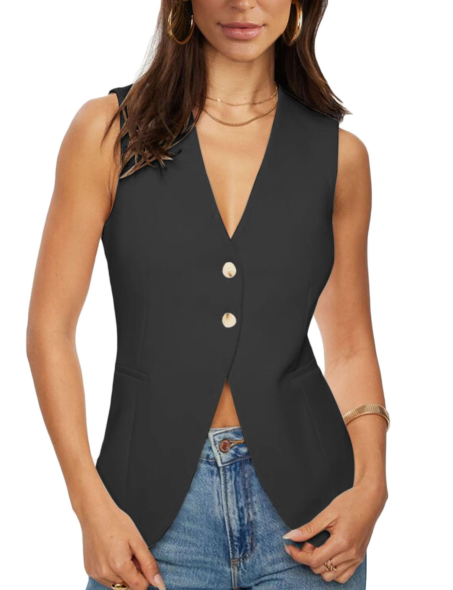 Photo 1 of (MEDIUM) Fallorchid Womens Business Button Sleeveless V Neck Vest Fully Lined Suit Jacket Waistcoat