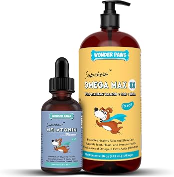 WONDER PAWS Melatonin Superhero Drops Plus Omega Max Fish Oil - for Dogs Relaxation, Skin and Joint Care & Immune Support Melatonin 2 Ounces - Omega Max 16 Ounces
