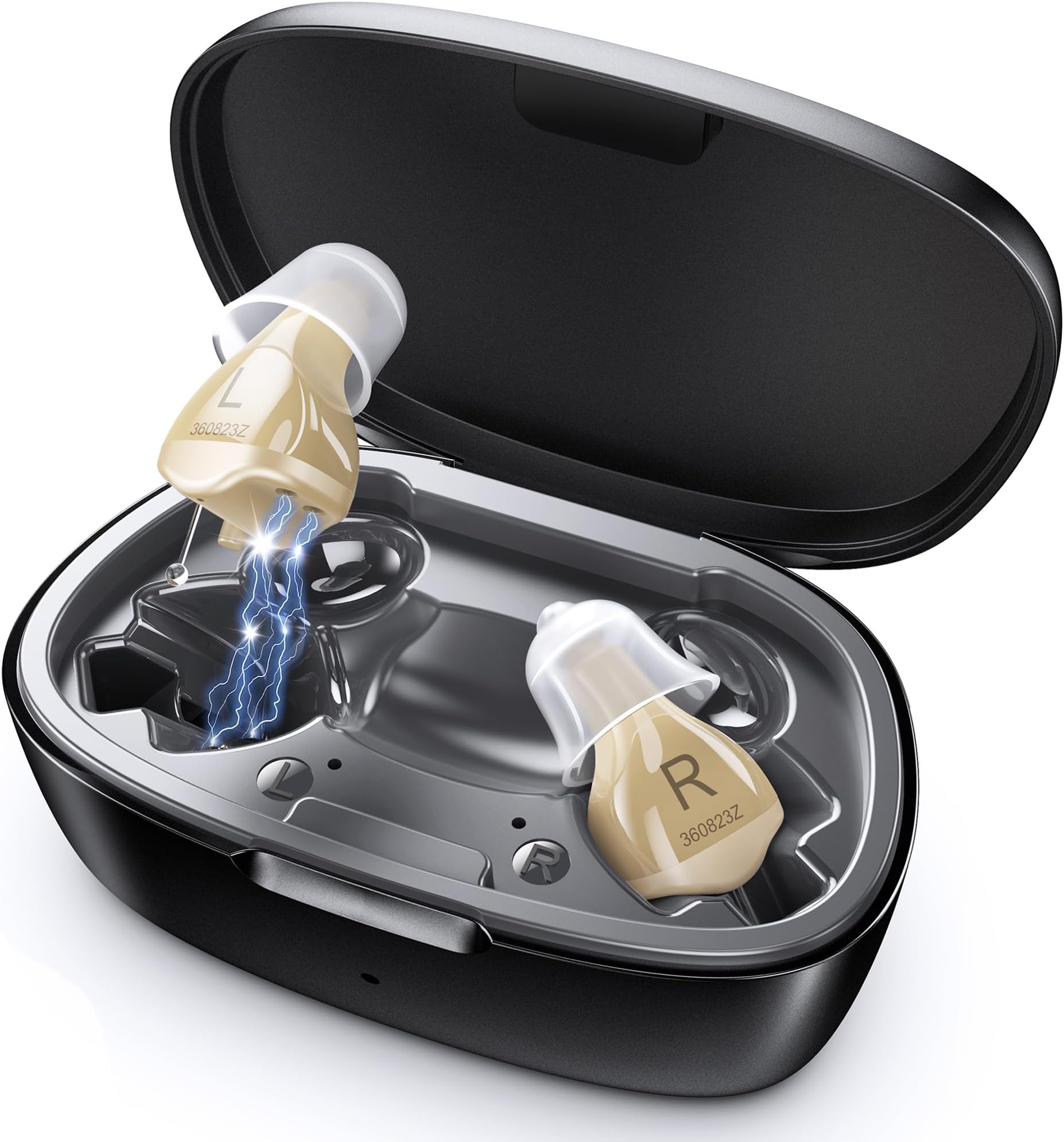 Hearing Aids for Seniors, Hearing Aid Rechargeable for Hearing Loss, Personal Hearing Amplifier with Volume Control and Portable Magnetic Charging Case, Noise Canceling Hearing Aids (Black skin tone)