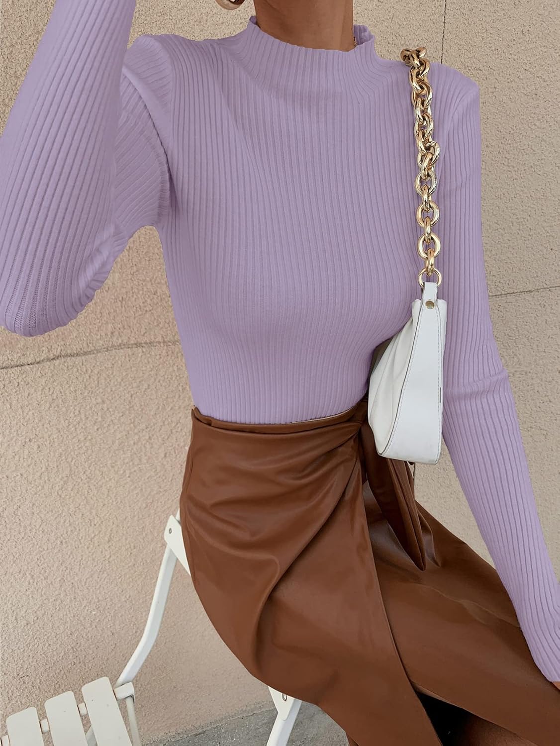 Women's Sweater Mock Neck Ribbed Knit Solid Sweater Sweater for Women (Color : Lilac Purple, Size : Medium)