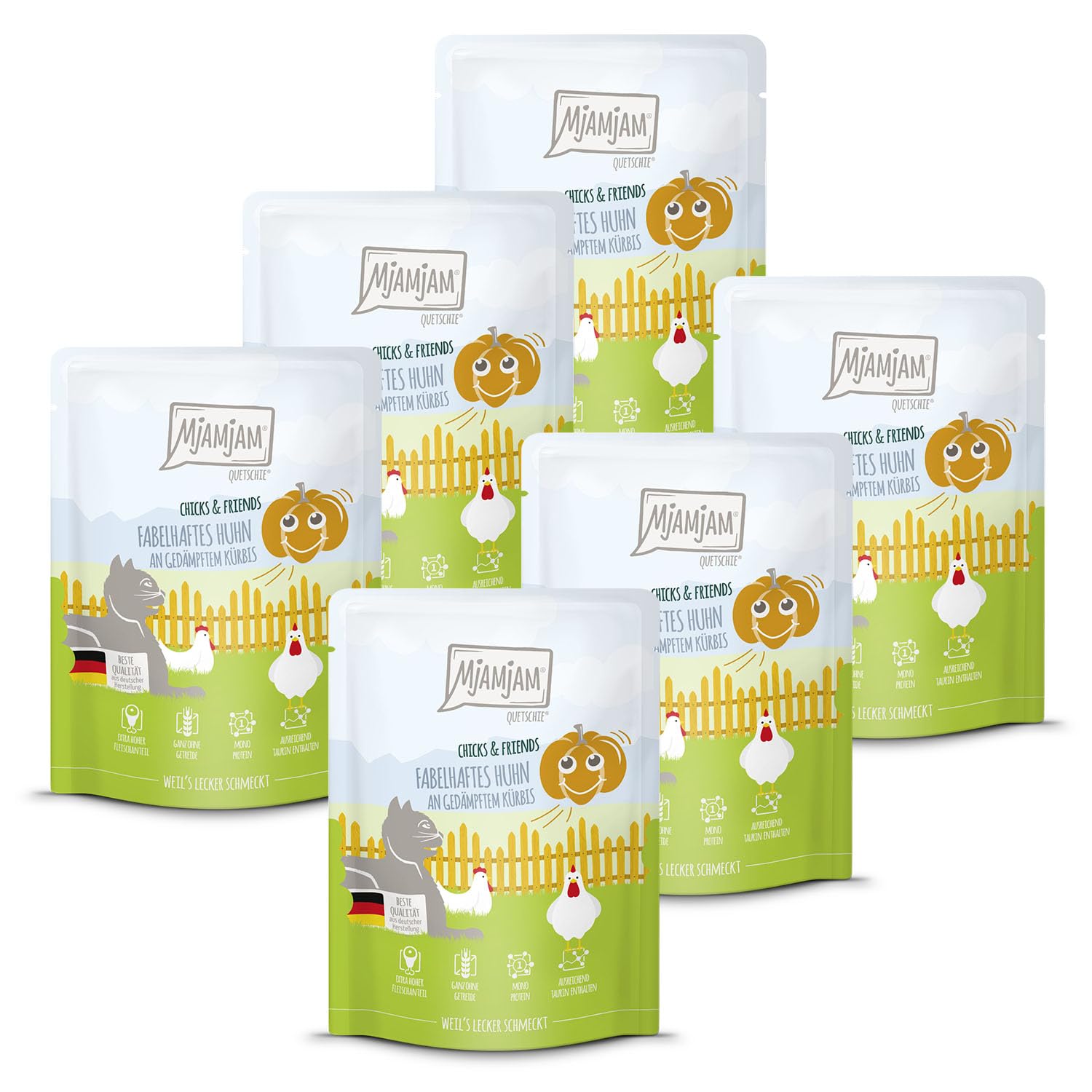 MjAMjAM - Premium wet food for cats - Quetschie - Chicks & Friends fabulous chicken with steamed pumpkin, 6 pack (6 x 300g), grain-free